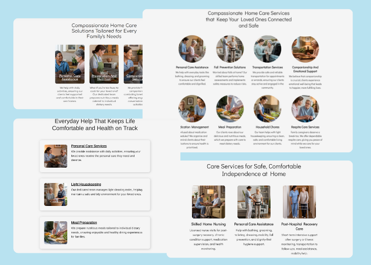 A collage of services section generated by Zarla showing different styles of service items, all having a picture, a title, and a brief description