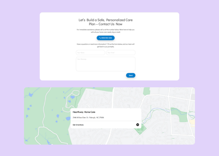 A screenshot of a header with navigation pills with contact number, a blue-colored primary button with contact number, and a 2D depiction of a map with a business address in the center
