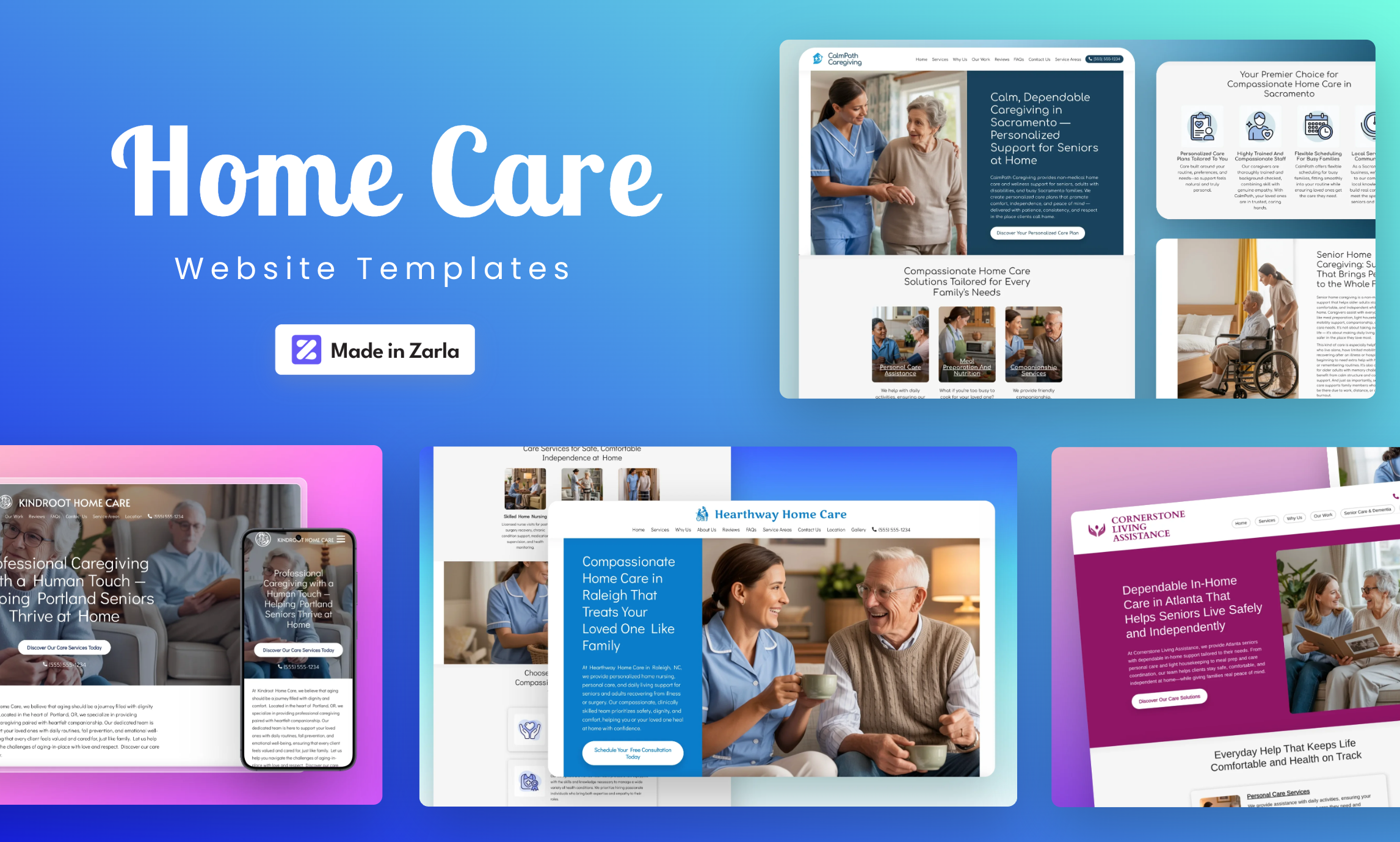 Collection of home care website templates created with Zarla