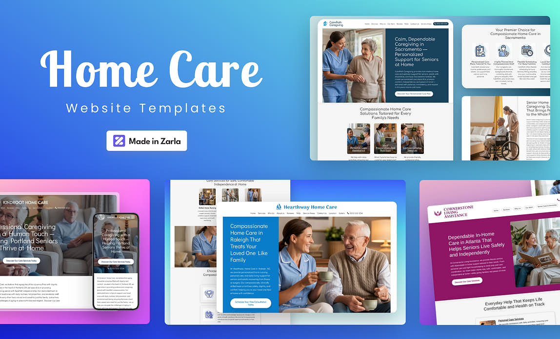 Collection of home care website templates created with Zarla