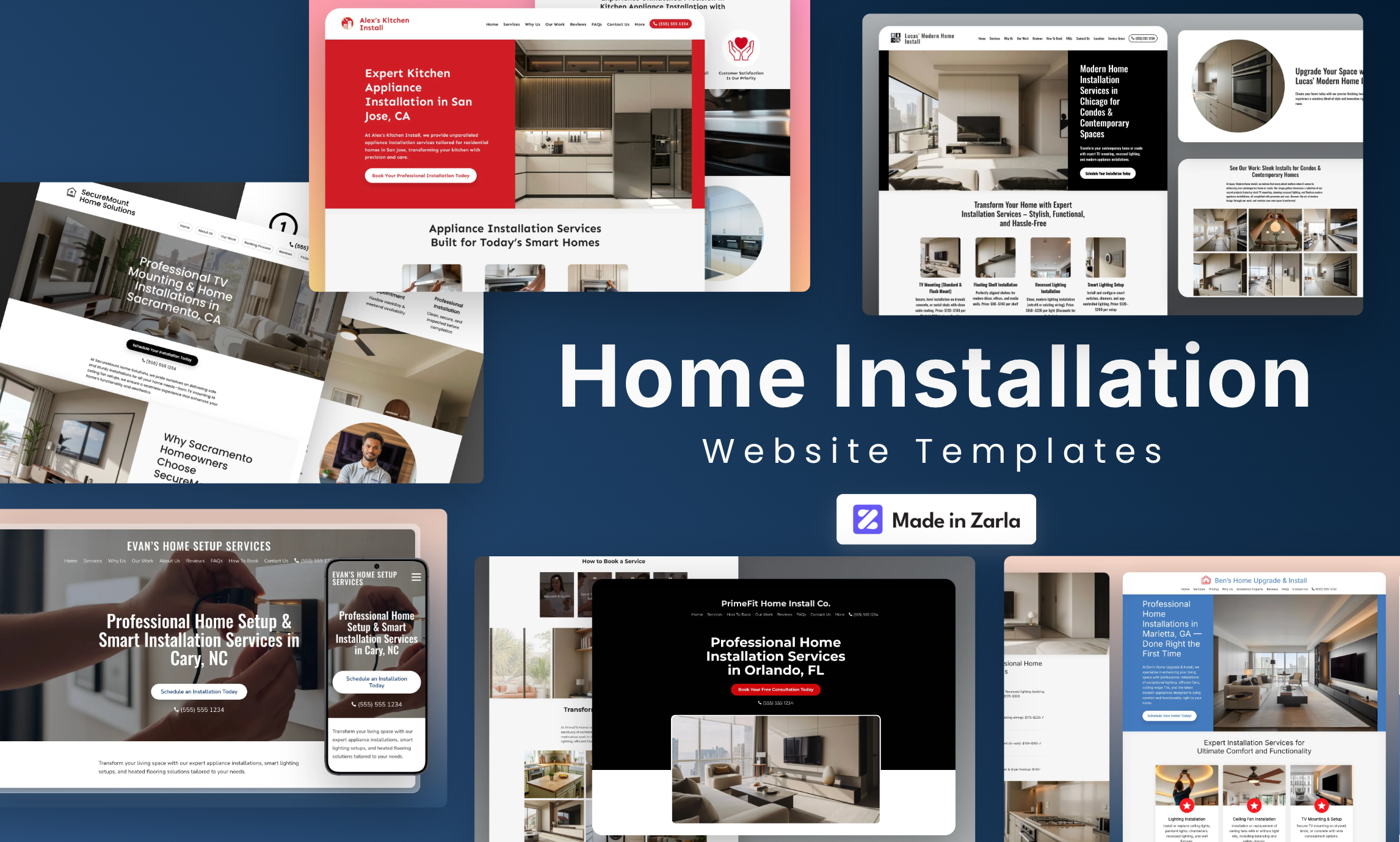 Collection of home installation website templates created with Zarla