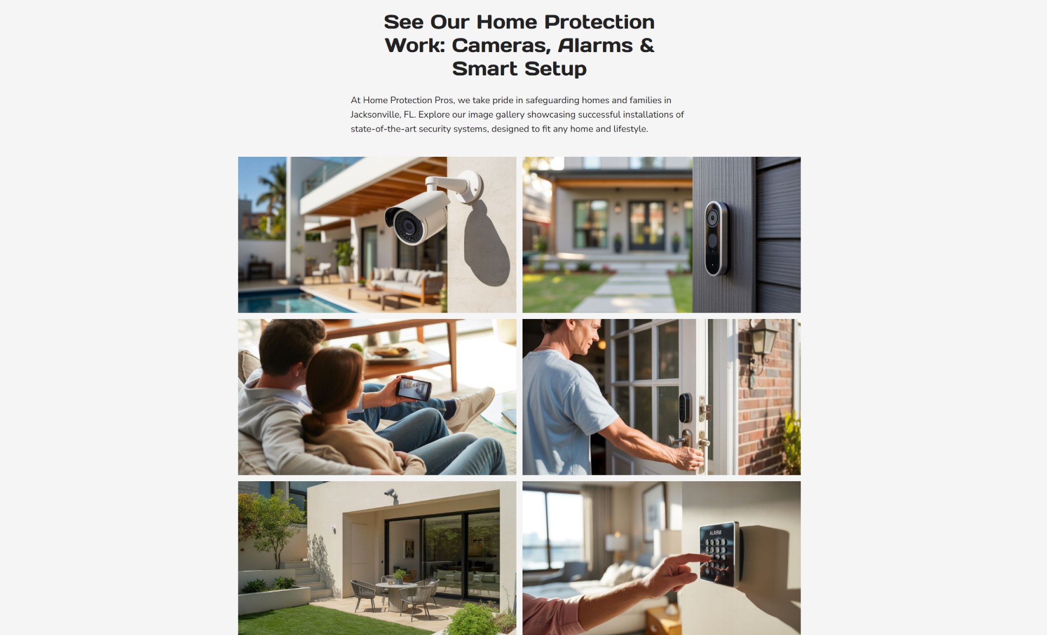 Home Protection Pros gallery page featuring the headline “See Our Home Protection Work: Cameras, Alarms & Smart Setup” above a six-photo grid showing outdoor cameras, doorbell cameras, homeowners monitoring footage, and a hand entering a code on an alarm keypad