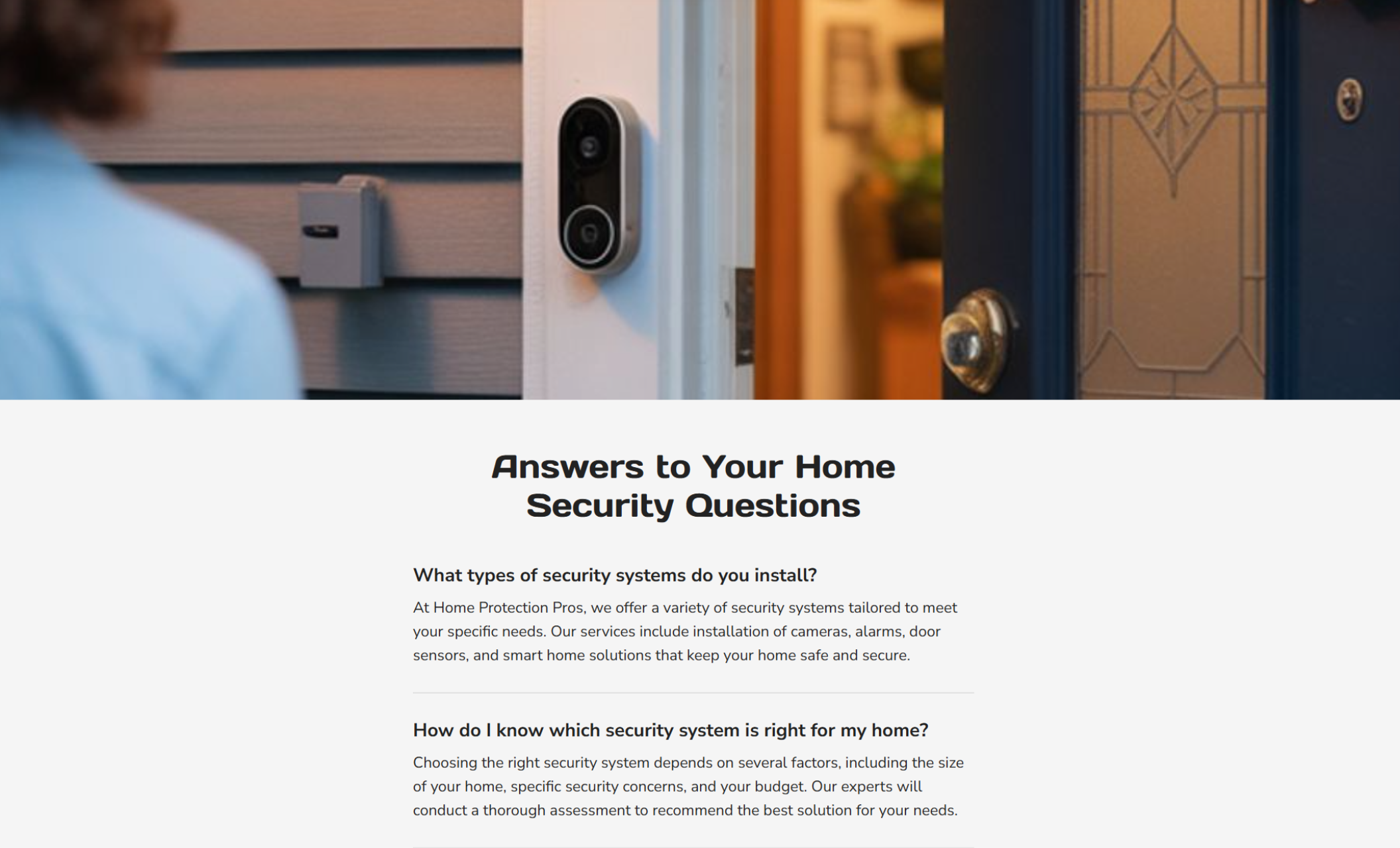 Home Protection Pros FAQ section titled “Answers to Your Home Security Questions,” displayed beneath a close-up photo of a video doorbell on a front entryway, with accordion-style questions about system installation and choosing the right security setup