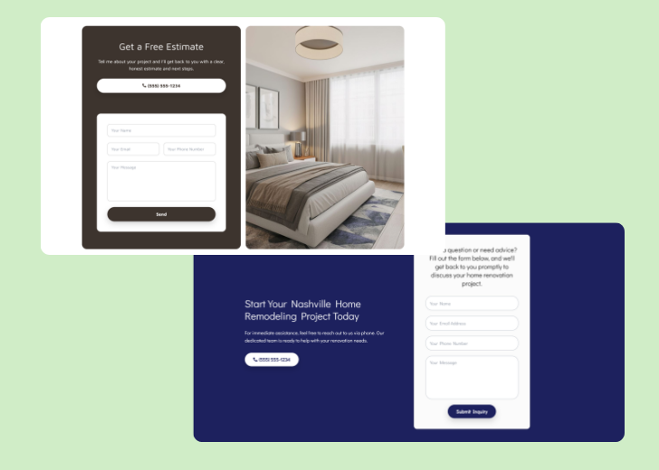 Screenshot of a contact form titled 'Get in touch' with a blue-colored primary button with a contact number, with input fields for Name, Email, and Message
