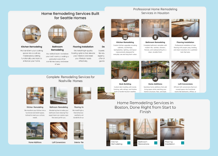 A collage of services section generated by Zarla showing different styles of service items, all having a picture, a title, and a brief description