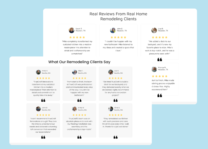A collage of reviews section generated by Zarla showing different styles of testimonials