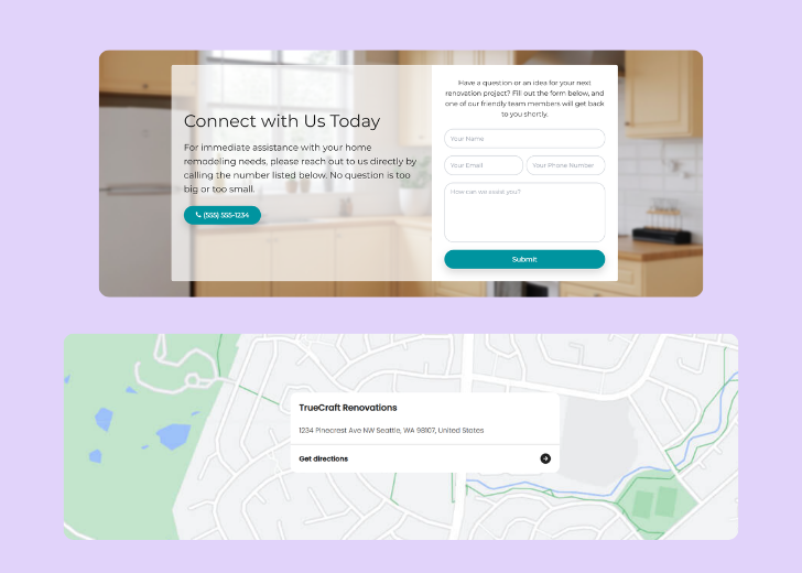 A screenshot of a header with navigation pills with contact number, a blue-colored primary button with contact number, and a 2D depiction of a map with a business address in the center