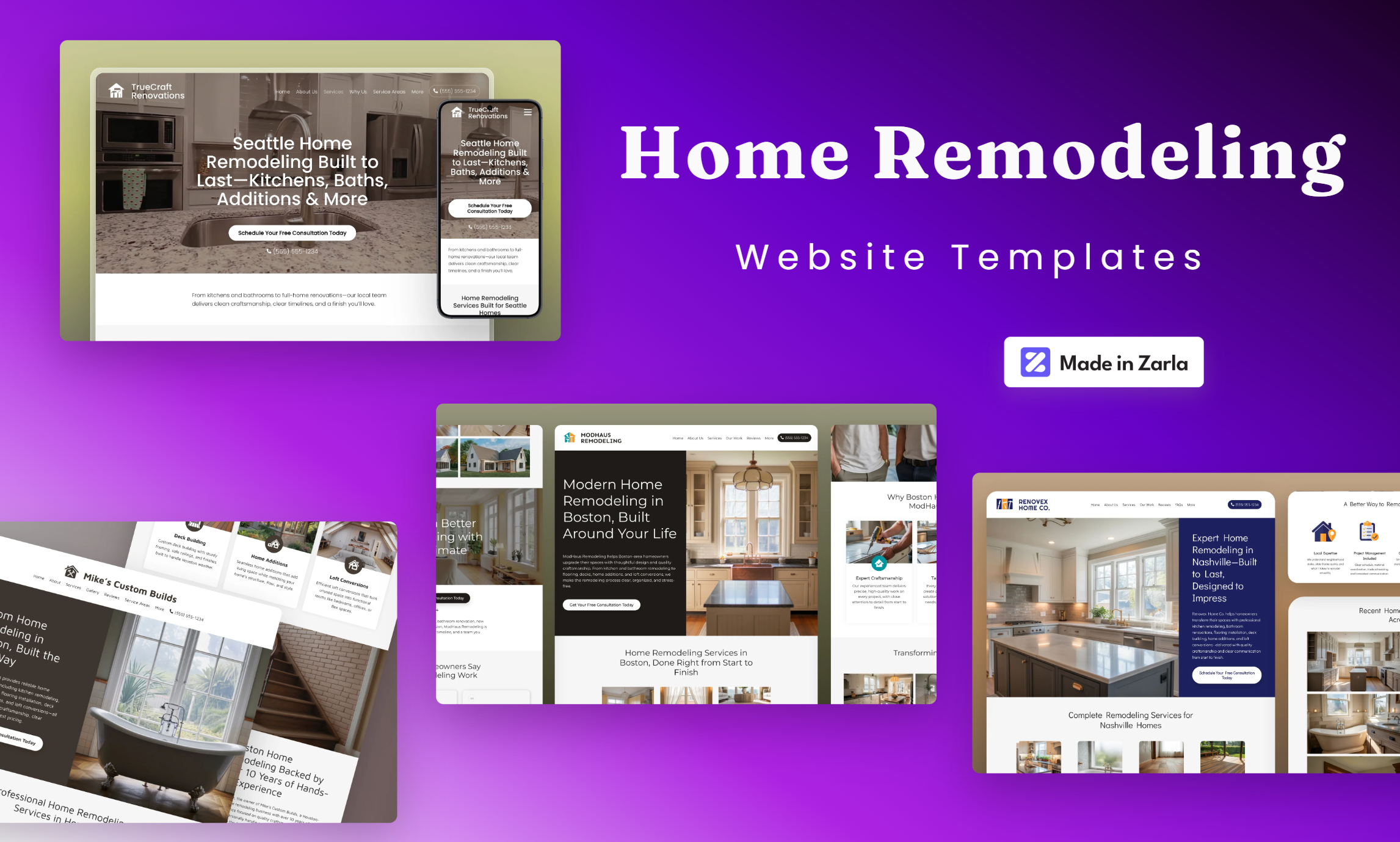 Collection of home remodeling website templates created with Zarla