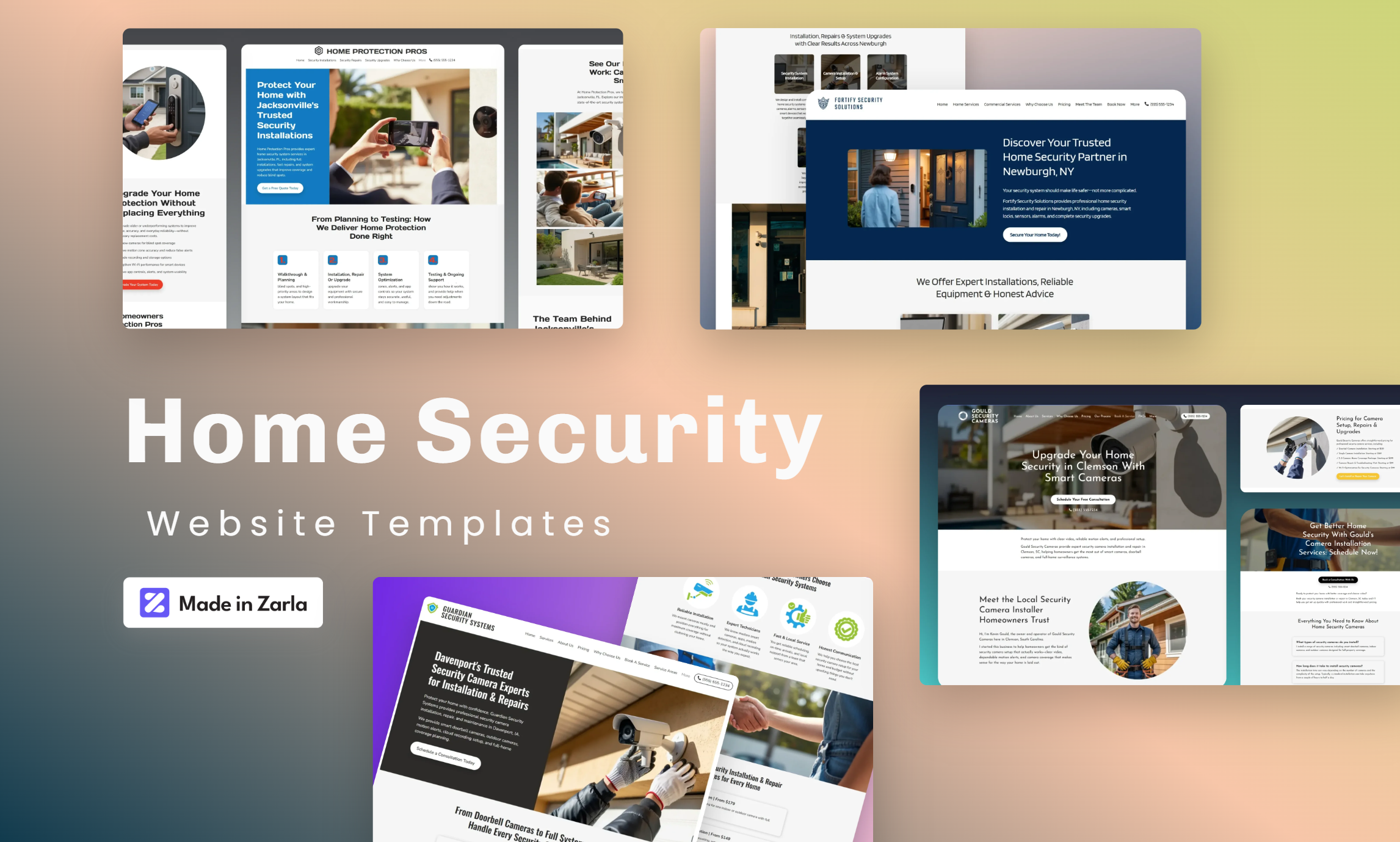 Collection of home security website templates created with Zarla