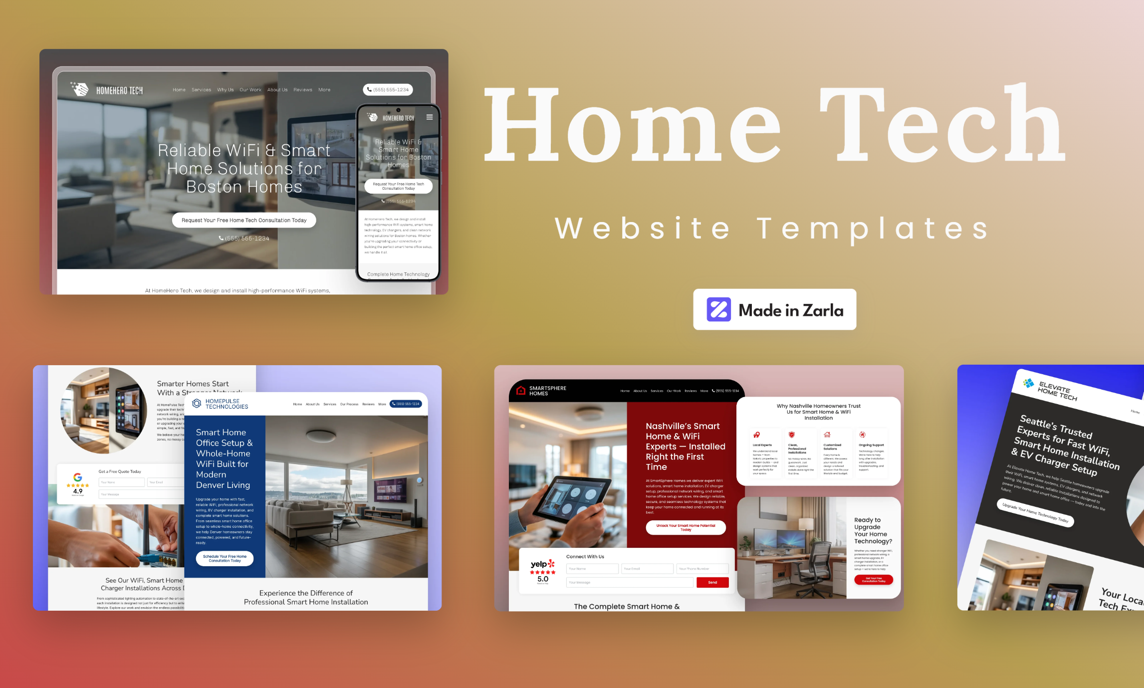 Collection of home tech website templates created with Zarla