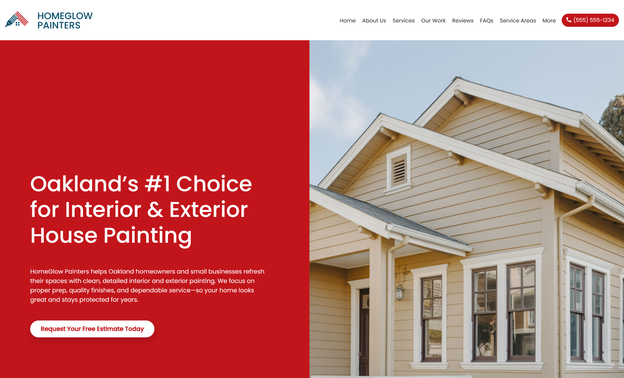 HomeGlow Painters homepage featuring a bold red panel beside a beige home exterior, with the headline “Oakland’s #1 Choice for Interior & Exterior House Painting” and a white button that says “Request Your Free Estimate Today.”