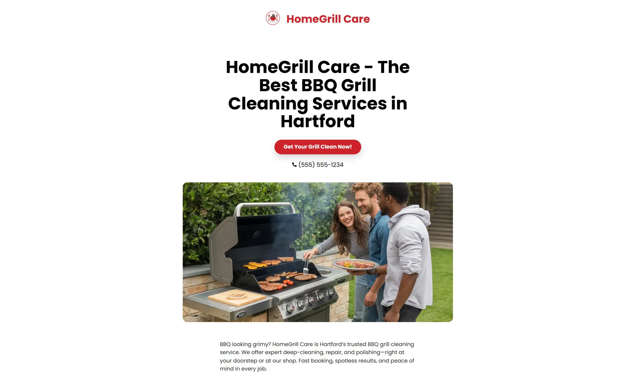 HomeGrill Care's homepage featuring the image of a group of friends cooking on a bbq grill, company branding, call-to-action button, and a brief introduction of the company