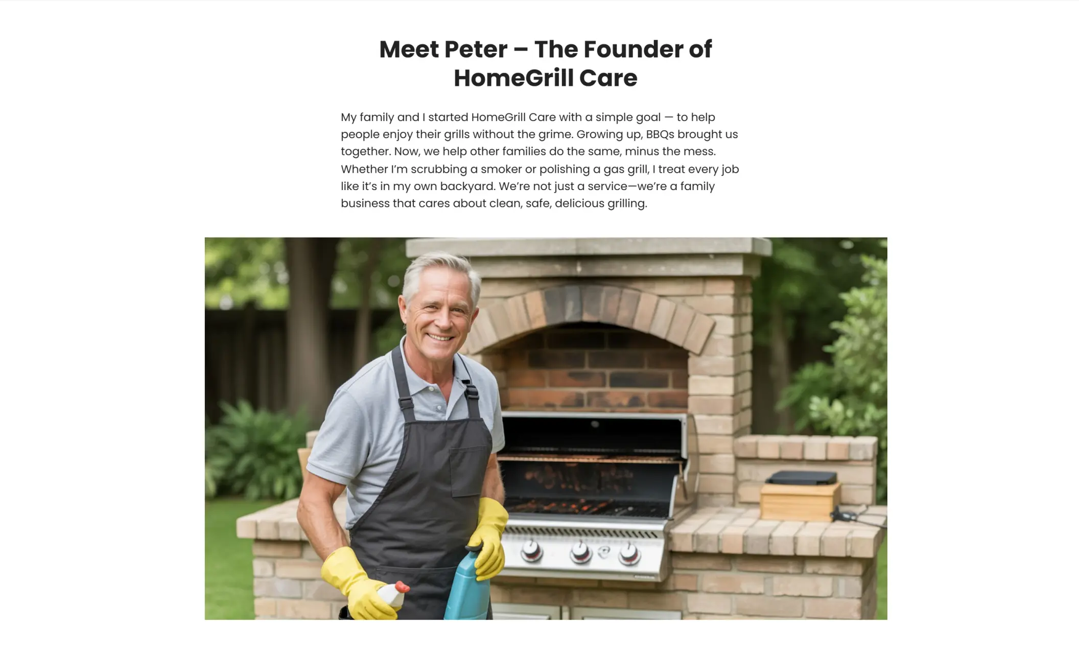 HomeGrill Care's website displaying a section about the founder of the company