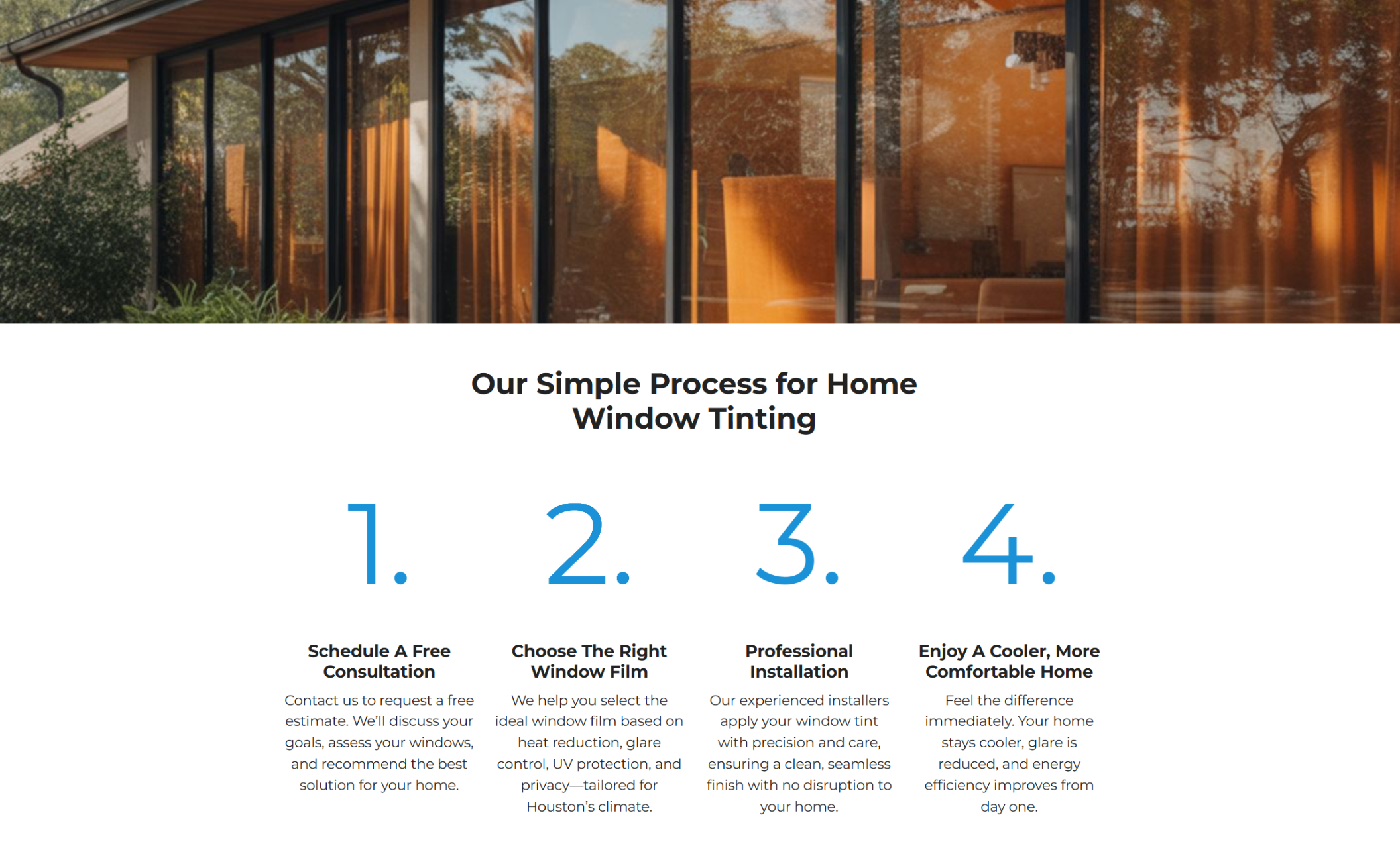 HomeGuard Window Tint webpage section titled “Our Simple Process for Home Window Tinting,” showing four large numbered steps from scheduling a free consultation to enjoying a cooler, more comfortable home