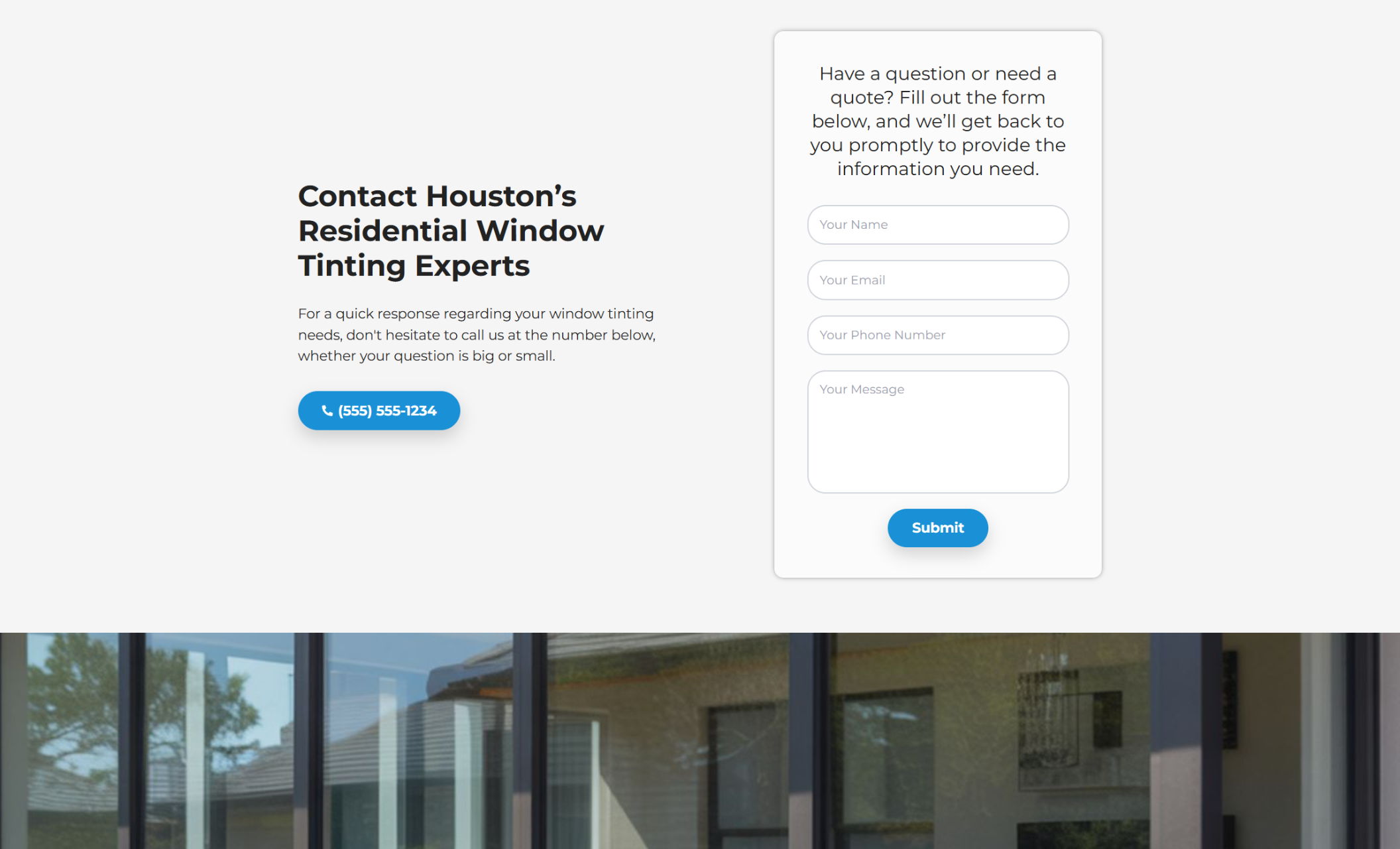 HomeGuard Window Tint contact section with the headline “Contact Houston’s Residential Window Tinting Experts,” a blue tap-to-call phone button, and a contact form with fields for name, email, phone number, and message