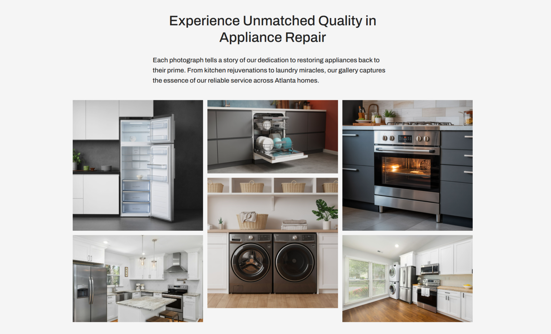 HomeHero Repair gallery section showcasing appliance repair results with photos of refrigerators, dishwashers, stoves, laundry machines, and modern kitchen interiors