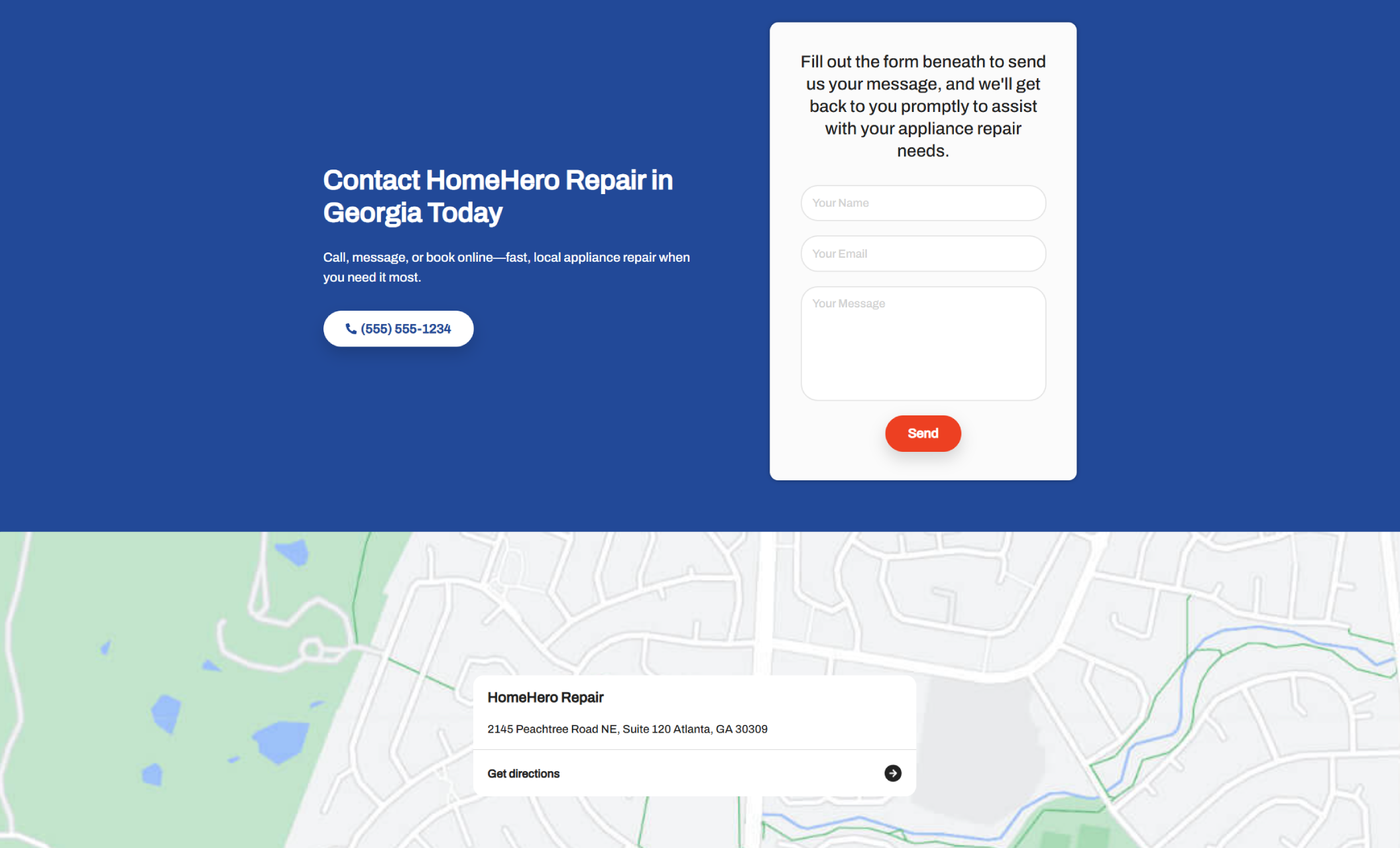 HomeHero Repair contact section featuring a blue background with a contact form, phone number, and map location for 2145 Peachtree Road NE, Suite 120, Atlanta, GA