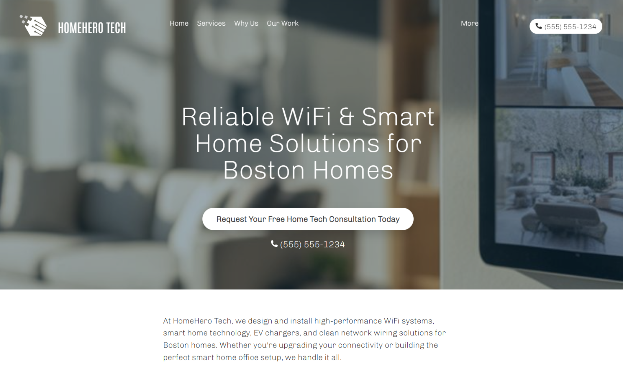 HomeHero Tech homepage hero displaying the headline “Reliable WiFi & Smart Home Solutions for Boston Homes” over a blurred living space background with a central call-to-action button