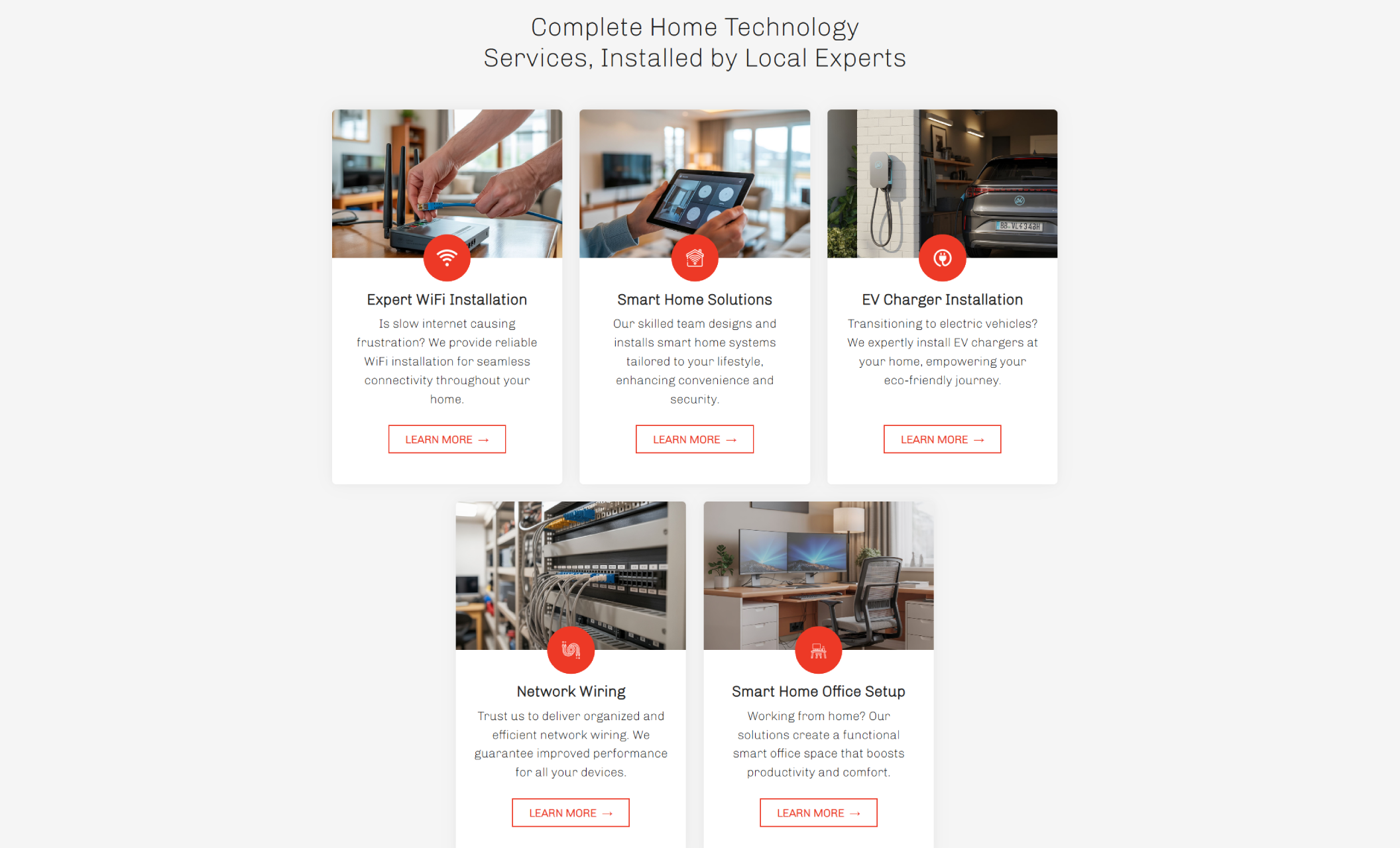HomeHero Tech services section titled “Complete Home Technology Services, Installed by Local Experts,” showcasing cards for WiFi installation, smart home solutions, EV chargers, network wiring, and home office setups