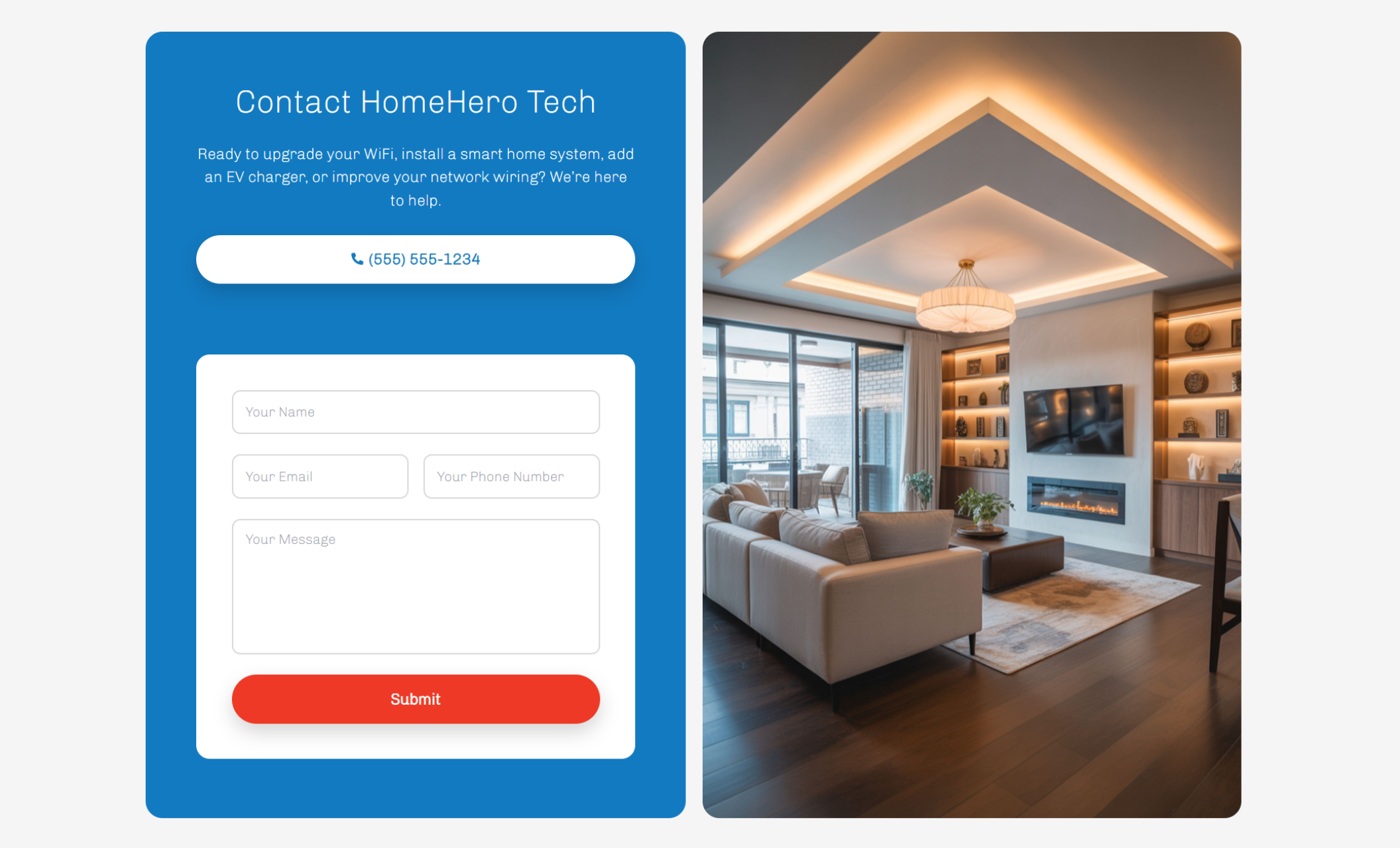 HomeHero Tech contact section featuring a blue panel with the headline “Contact HomeHero Tech,” a phone button, a message form, and a modern living room with built-in lighting on the right