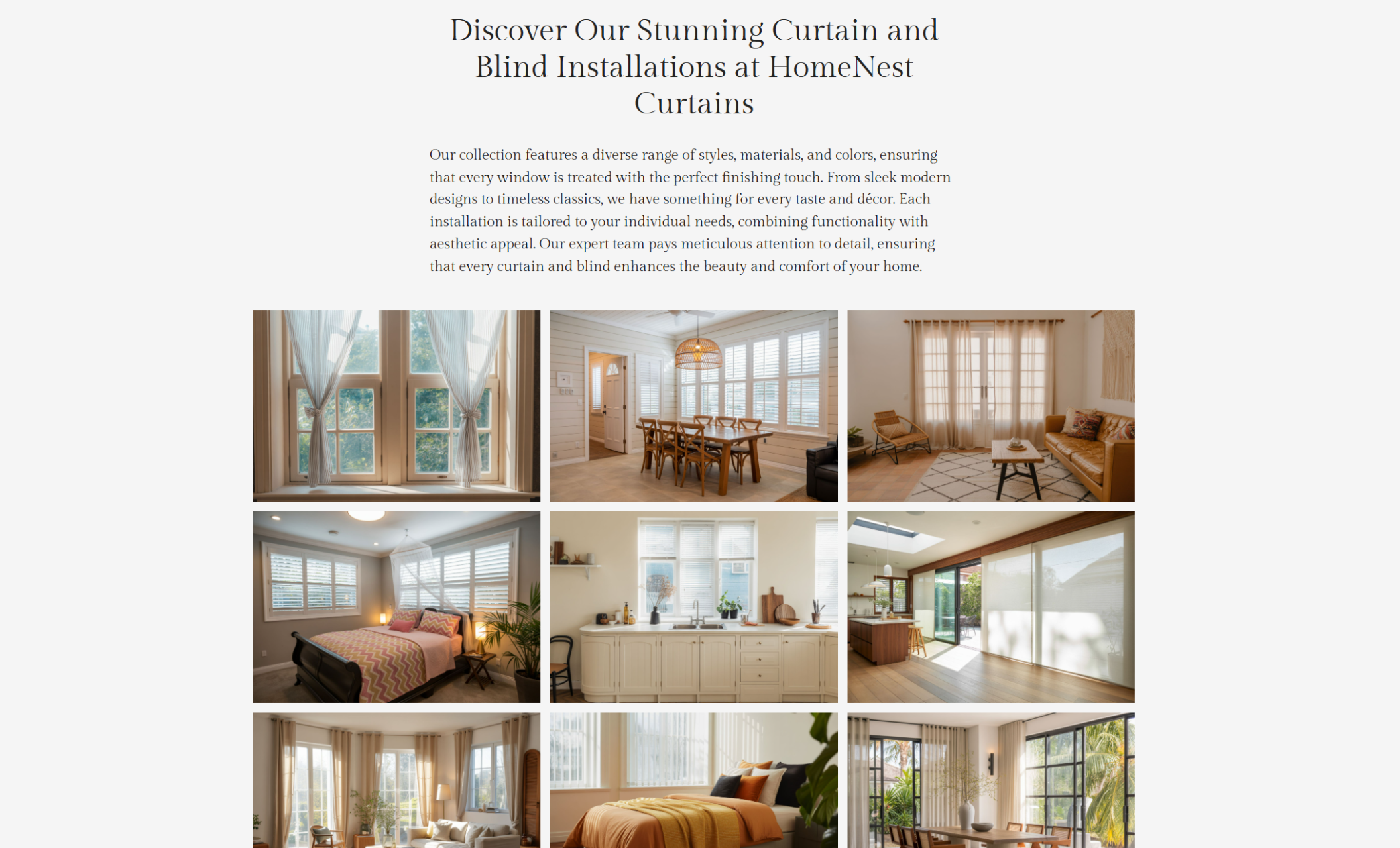 HomeNest Curtains installation gallery displaying twelve stylish photos of curtains and blinds in various rooms beneath the heading “Discover Our Stunning Curtain and Blind Installations at HomeNest Curtains”