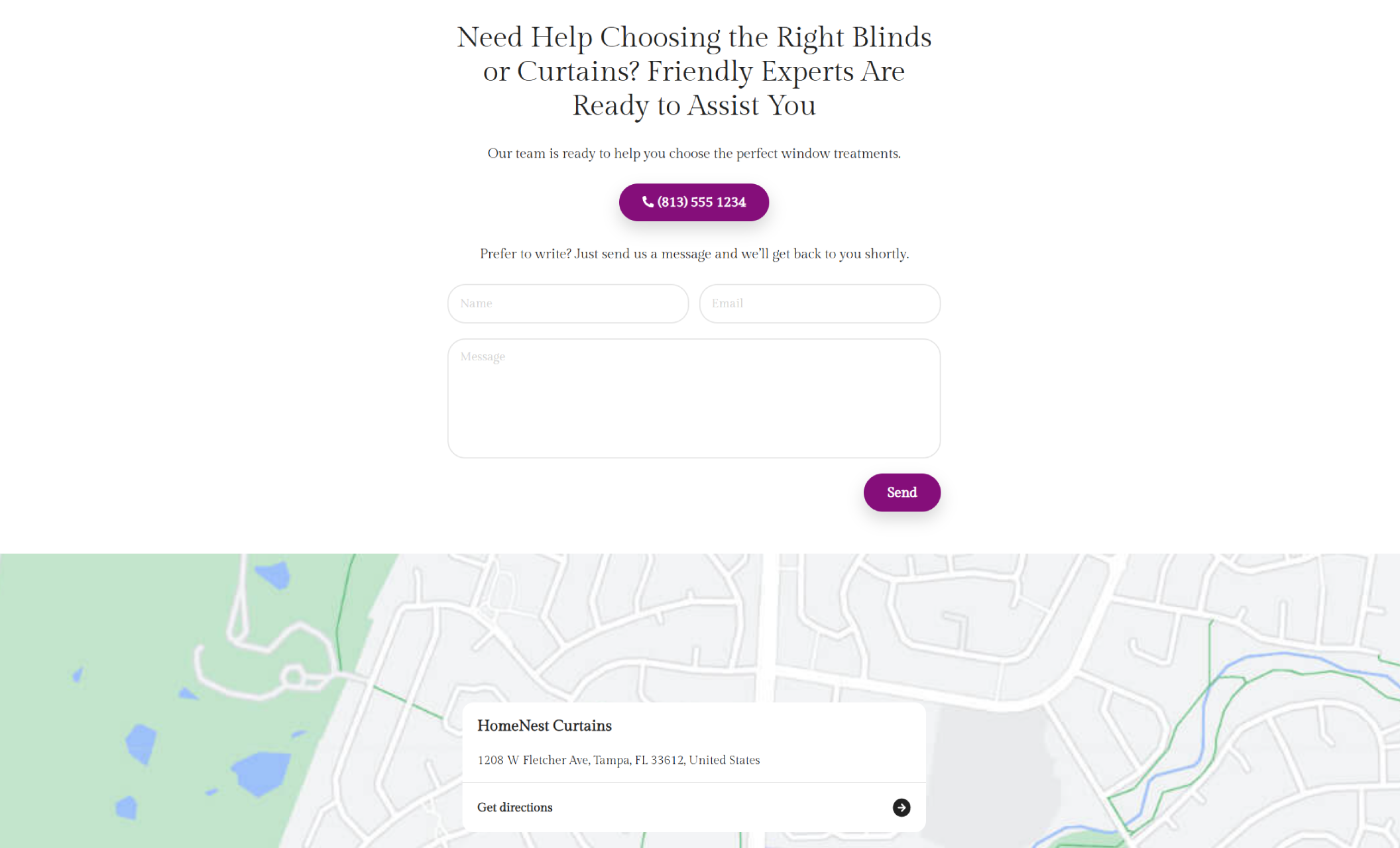 HomeNest Curtains contact section showing a message form and bold text offering expert help, followed by a location map with a marker for “HomeNest Curtains” in Tampa, Florida
