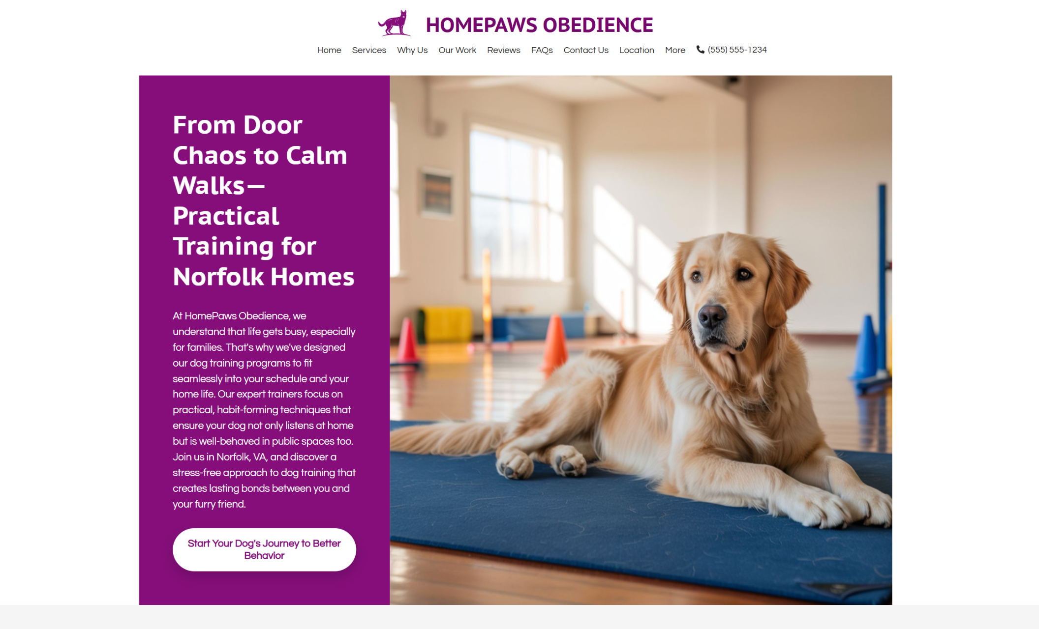 HomePaws Obedience homepage hero showing a golden retriever lying on a training mat beside a bold purple headline that reads “From Door Chaos to Calm Walks—Practical Training for Norfolk Homes,” with a white call-to-action button below