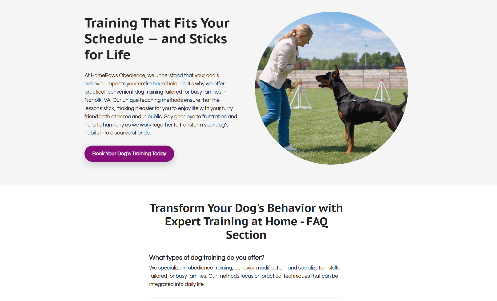 HomePaws Obedience service section featuring a headline that says “Training That Fits Your Schedule — and Sticks for Life,” a paragraph describing practical family-focused dog training, and a circular photo of a trainer working with a Doberman outdoors