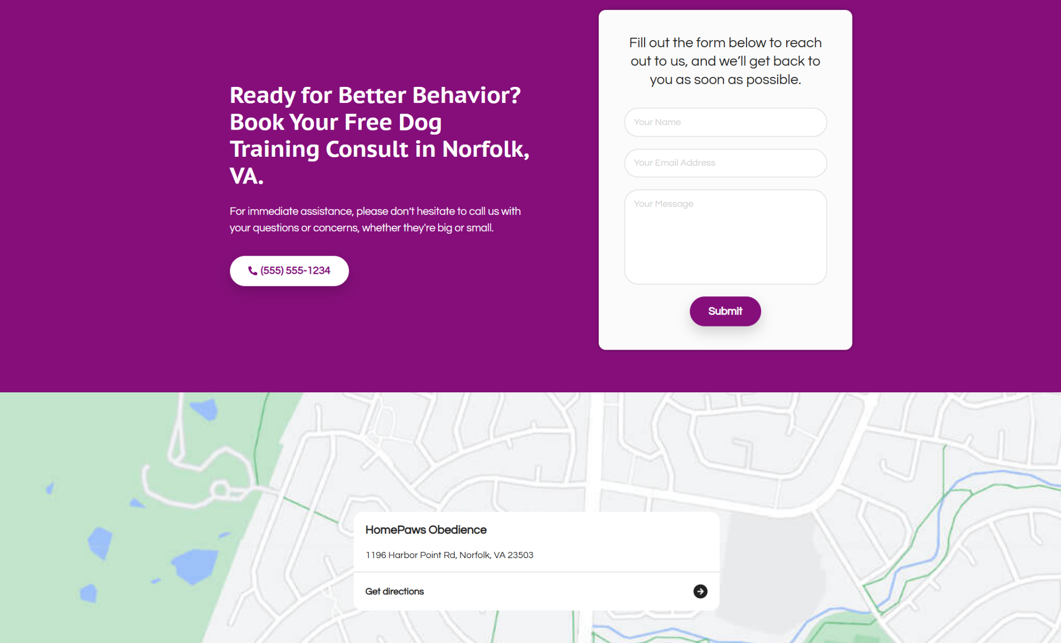 Homepage contact section for HomePaws Obedience showing a bold purple headline that reads “Ready for Better Behavior? Book Your Free Dog Training Consult in Norfolk, VA,” alongside a white inquiry form and a call button centered below