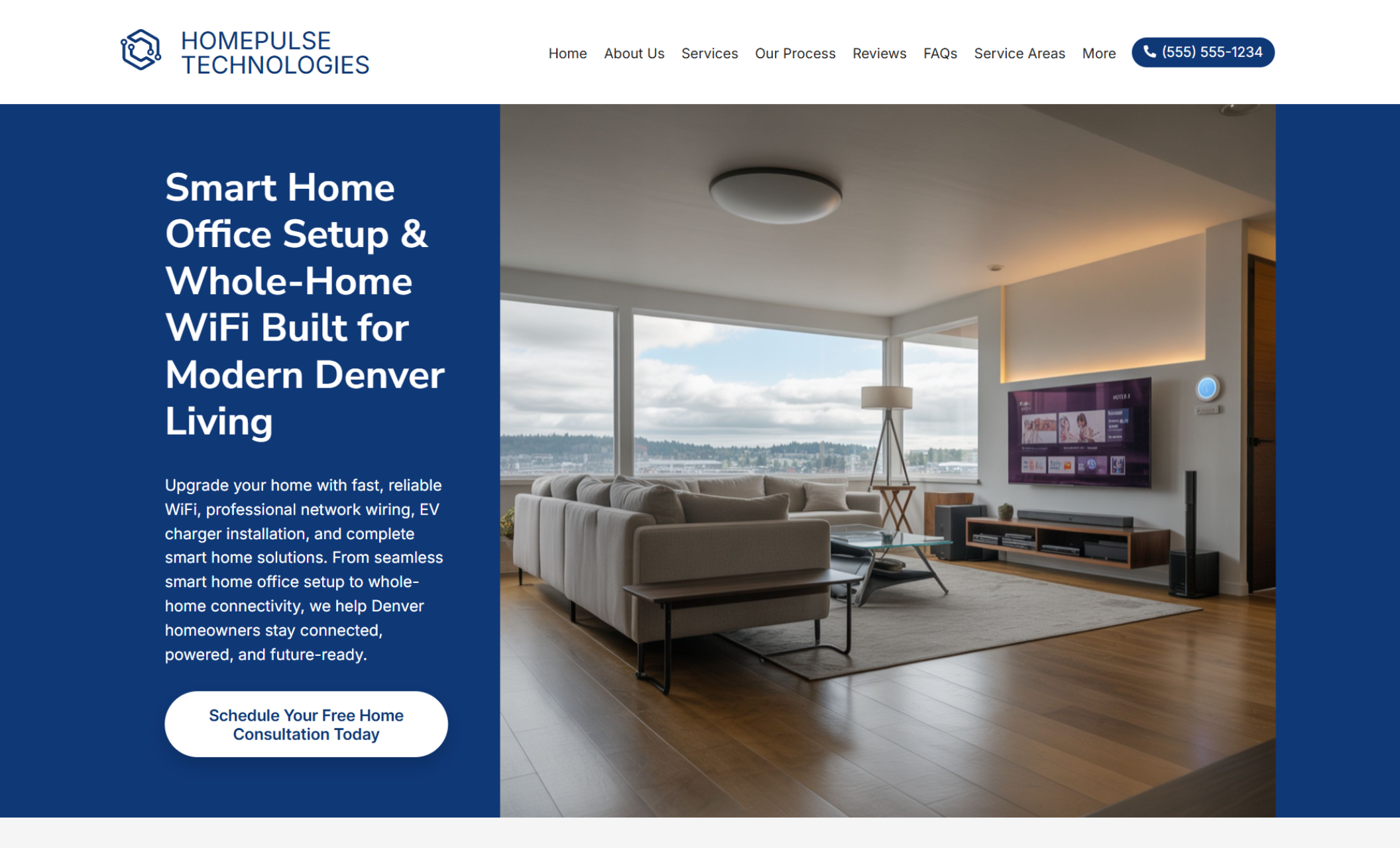 HomePulse Technologies homepage hero featuring a blue panel with the headline “Smart Home Office Setup & Whole-Home WiFi Built for Modern Denver Living” beside a bright, modern living room with a mounted TV