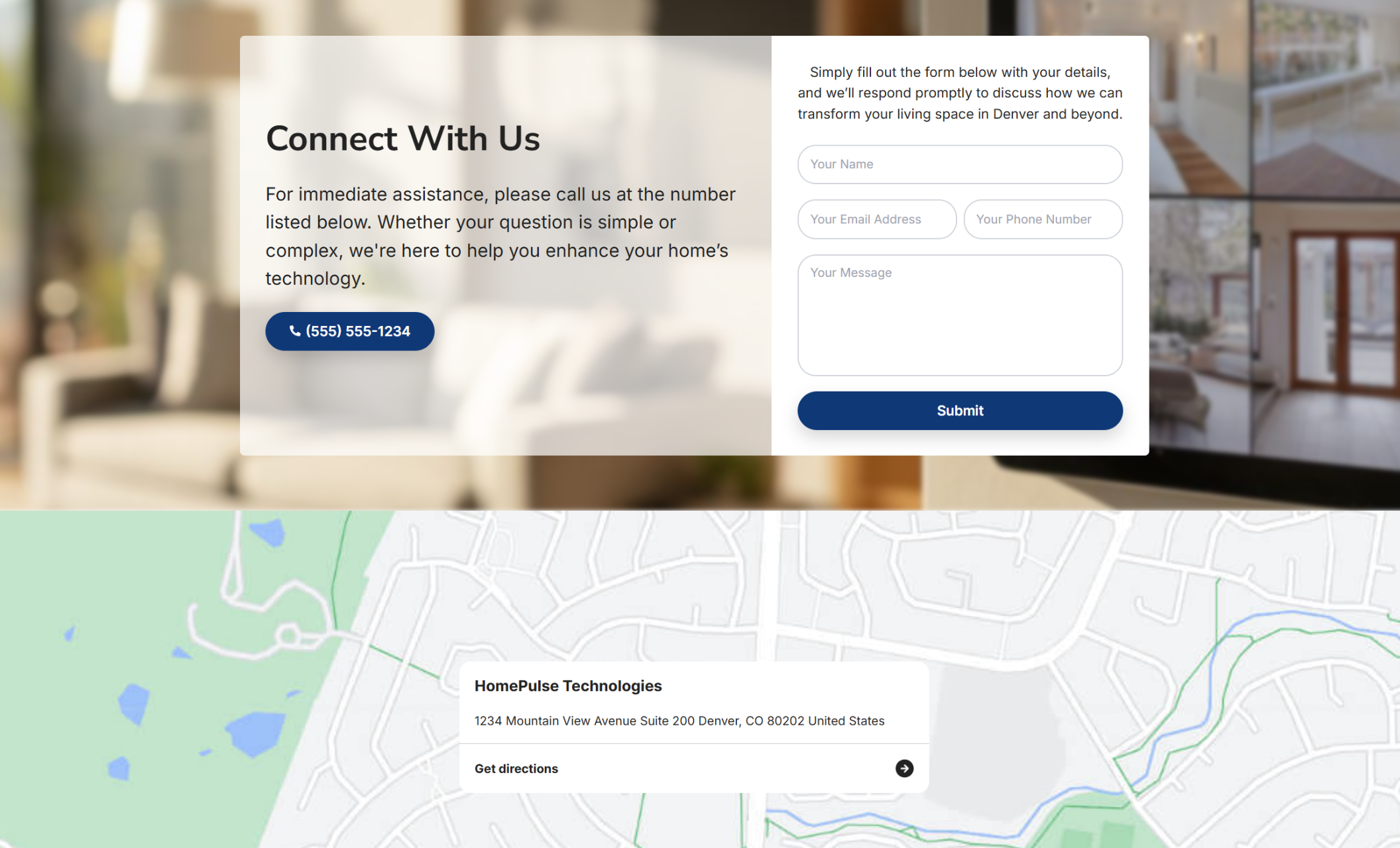 HomePulse Technologies contact section with a “Connect With Us” panel, phone button, and a form for name, email, phone, and message fields displayed over a blurred modern home background