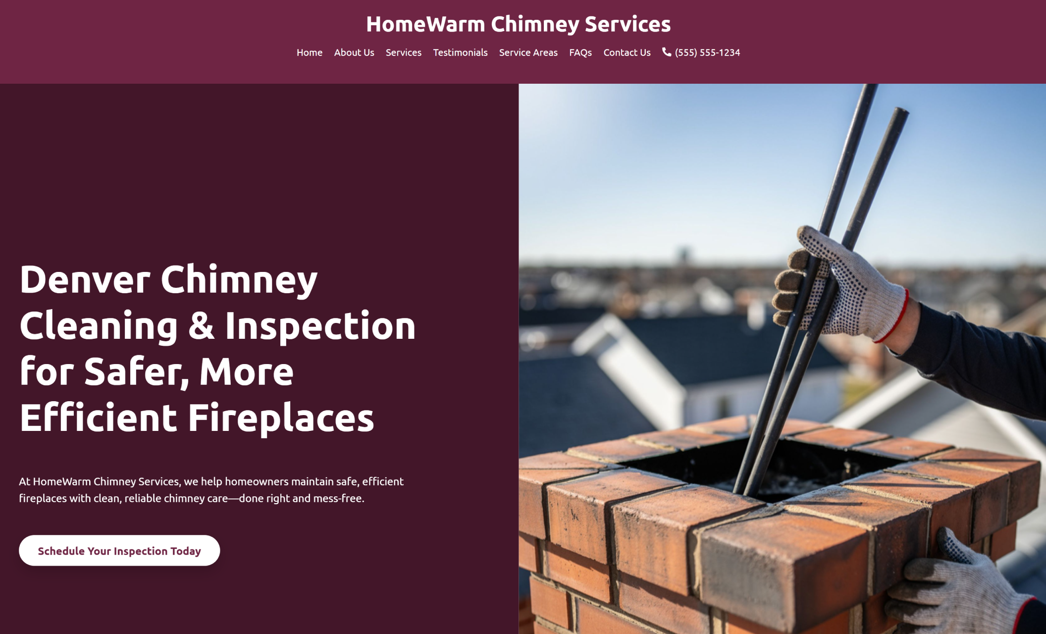 HomeWarm Chimney Services homepage with a deep maroon hero panel reading “Denver Chimney Cleaning & Inspection for Safer, More Efficient Fireplaces” next to a close-up of chimney rods