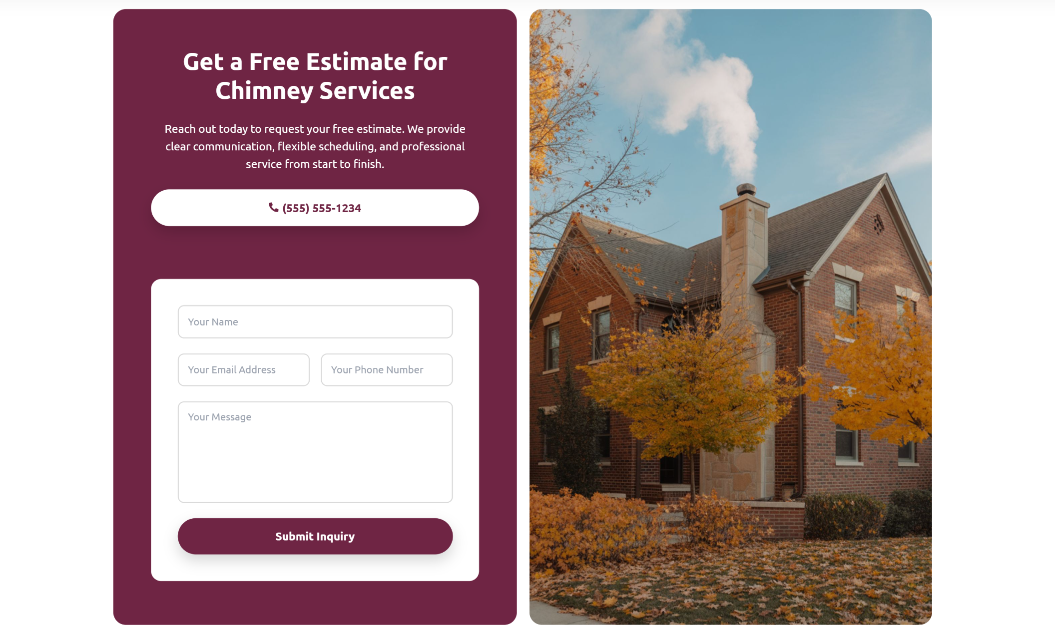 HomeWarm Chimney Services contact section featuring a maroon “Get a Free Estimate for Chimney Services” form beside a brick home with autumn trees and visible chimney smoke