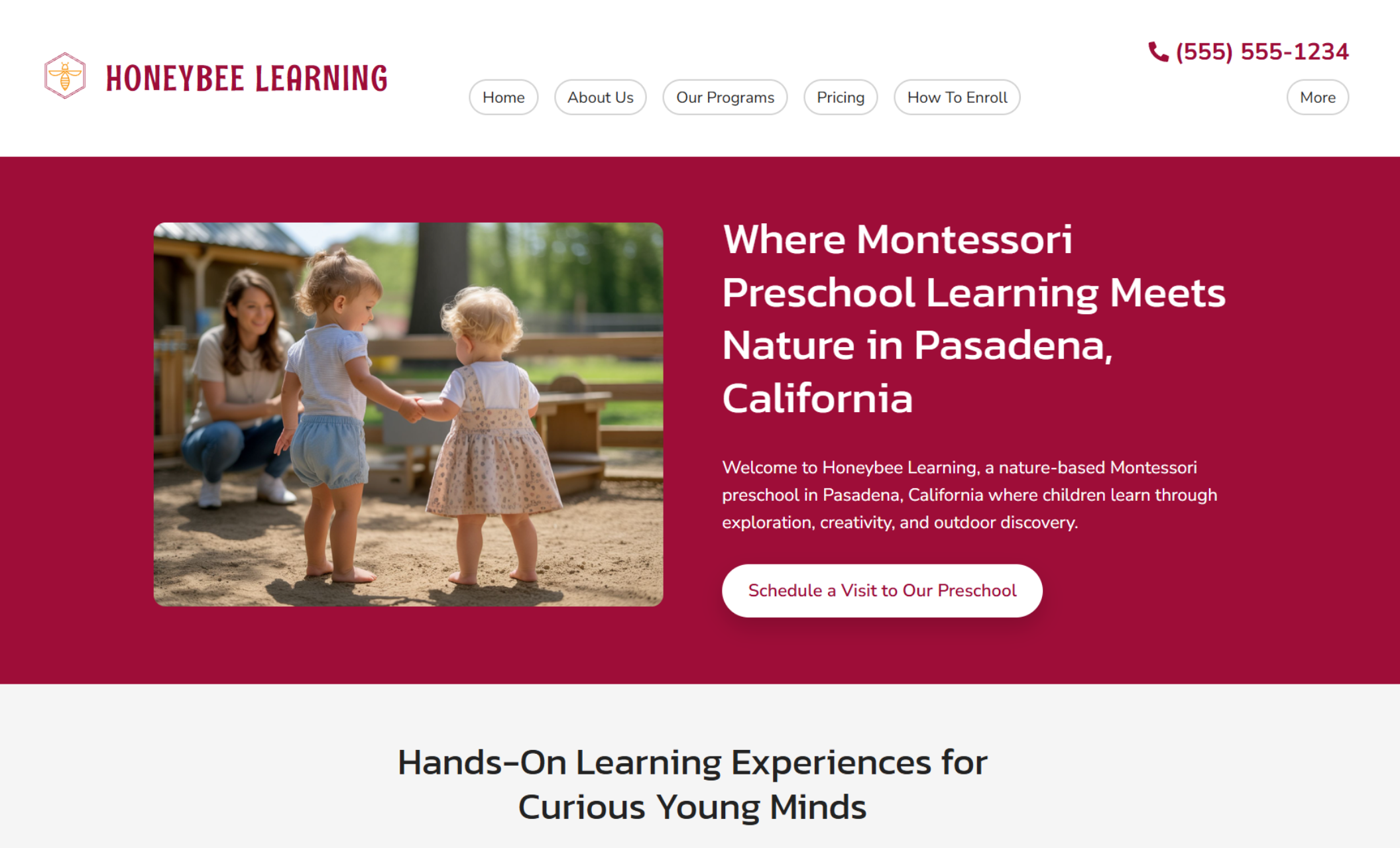 Honeybee Learning homepage hero showing two toddlers playing in a sandbox with a teacher nearby beside the headline “Where Montessori Preschool Learning Meets Nature in Pasadena, California” and a “Schedule a Visit to Our Preschool” button