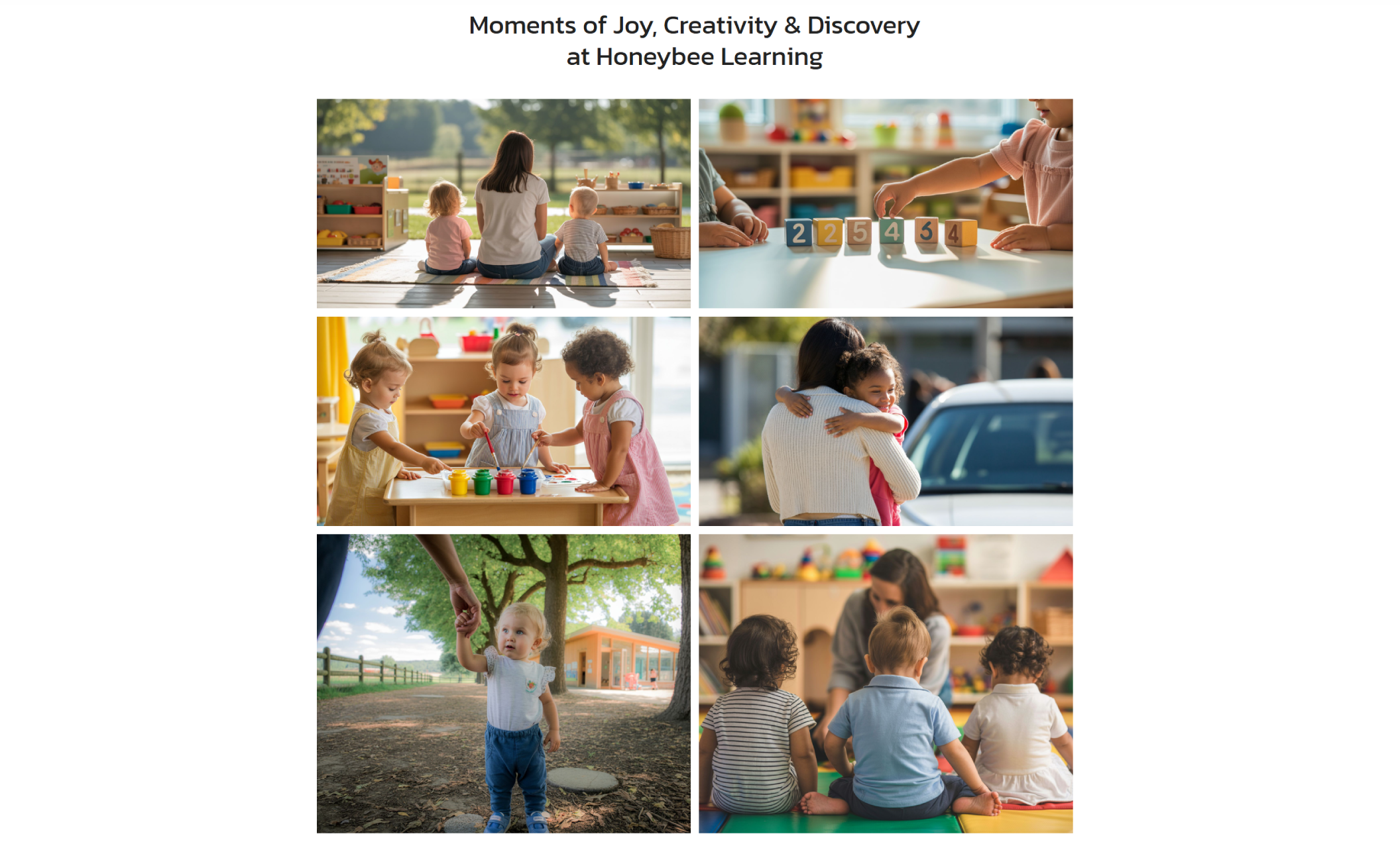 Honeybee Learning gallery section titled “Moments of Joy, Creativity & Discovery at Honeybee Learning,” showing six photos of children painting, learning with blocks, exploring outdoors, and interacting with teachers