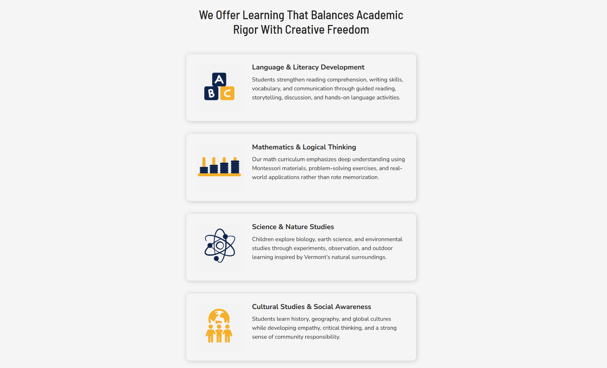 Horizon Learning Center curriculum section featuring four illustrated cards for Language & Literacy Development, Mathematics & Logical Thinking, Science & Nature Studies, and Cultural Studies & Social Awareness under the headline “We Offer Learning That Balances Academic Rigor With Creative Freedom.”