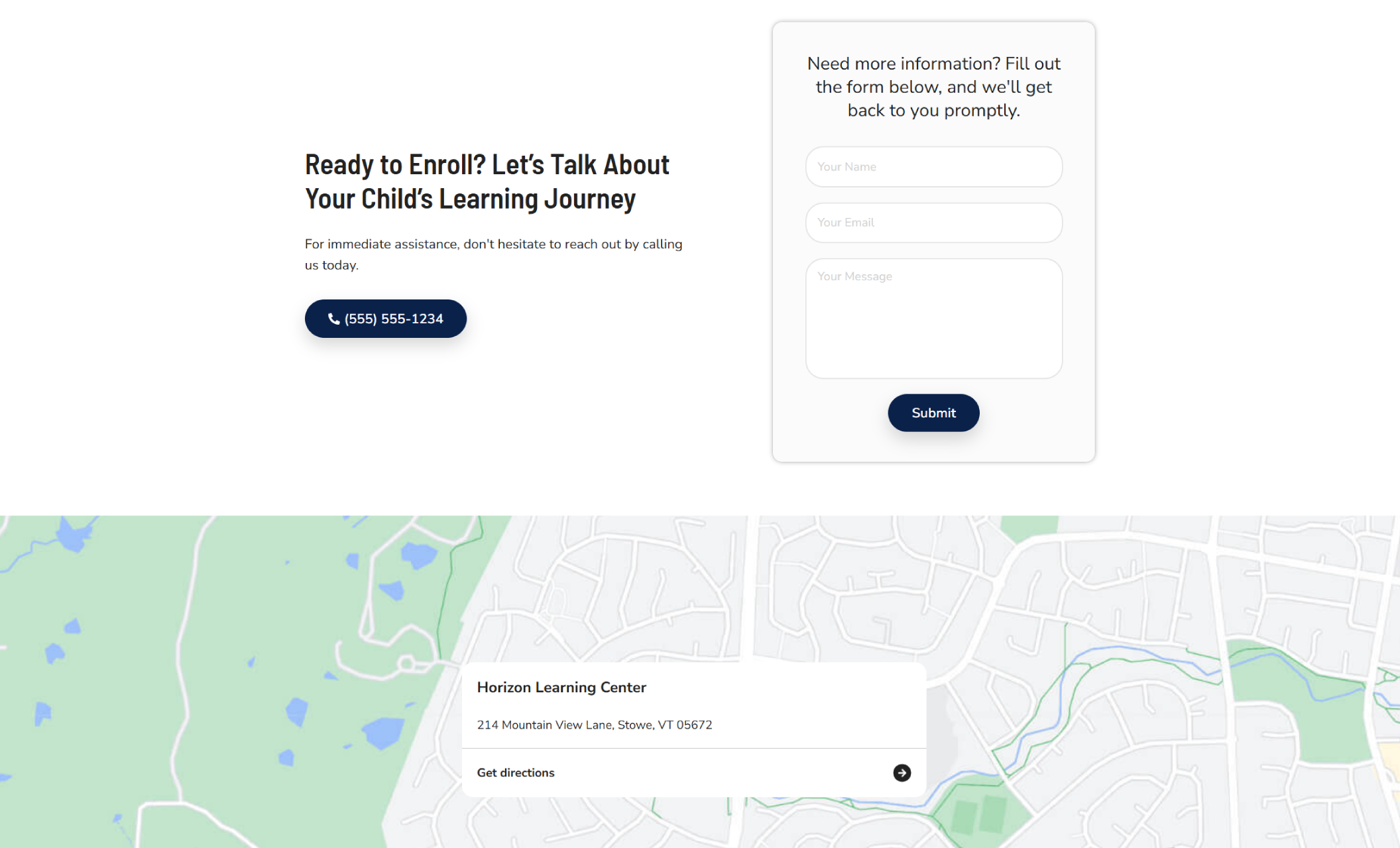 Horizon Learning Center enrollment section with the heading “Ready to Enroll? Let’s Talk About Your Child’s Learning Journey,” a call-to-action phone button, and a contact form beside a map showing the school’s Stowe, Vermont location
