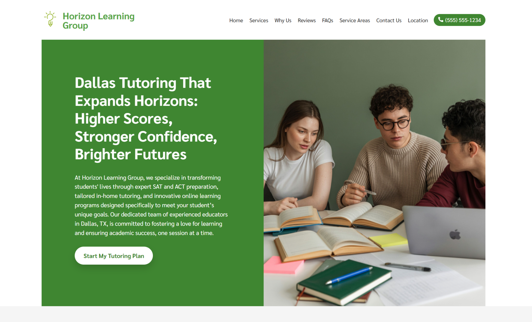 Horizon Learning Group homepage with three students collaborating at a table with books and a laptop, alongside a bold green section reading “Dallas Tutoring That Expands Horizons: Higher Scores, Stronger Confidence, Brighter Futures” with a white button that says “Start My Tutoring Plan.”