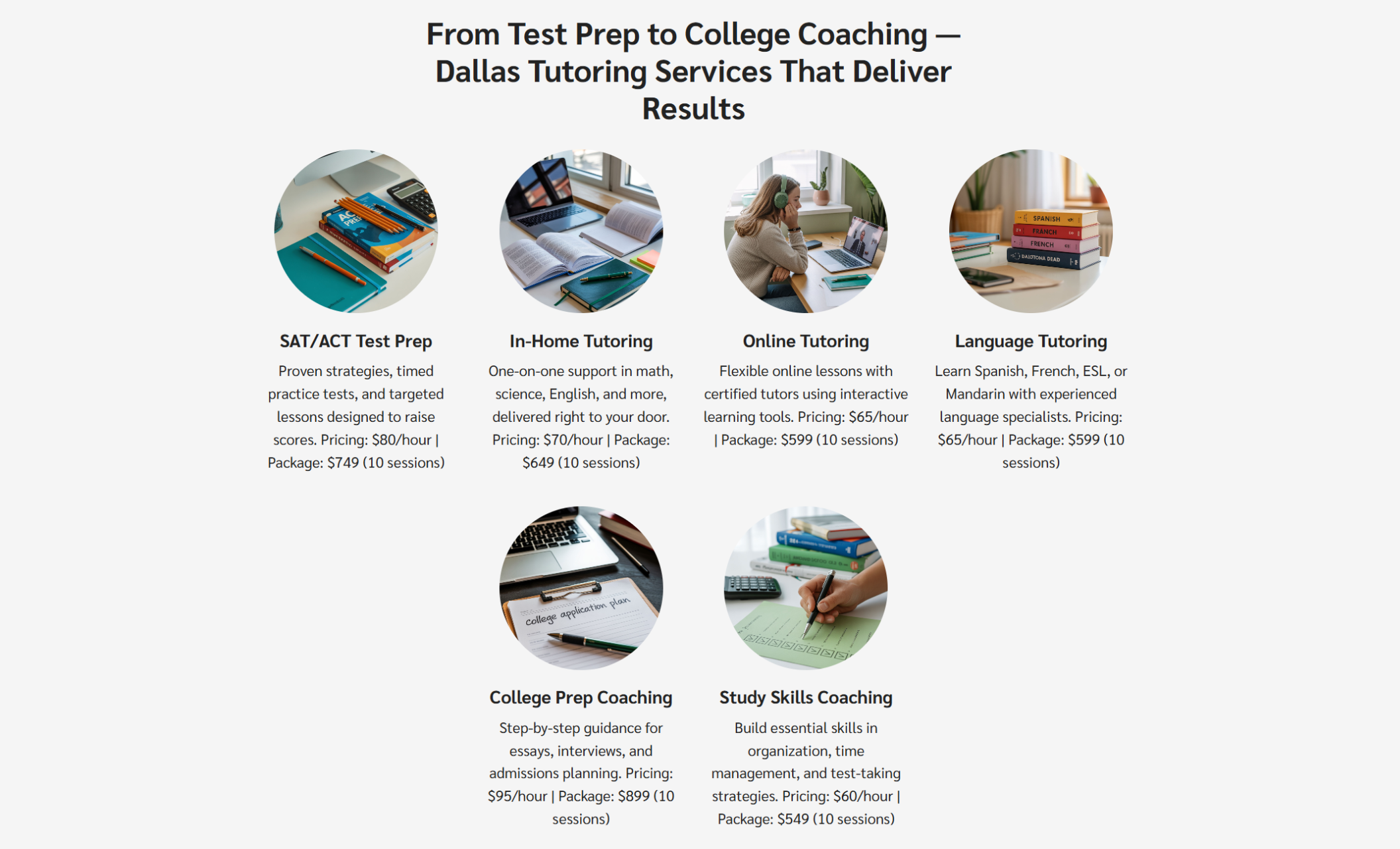 Horizon Learning Group services section showing six circular images with descriptions for SAT/ACT Test Prep, In-Home Tutoring, Online Tutoring, Language Tutoring, College Prep Coaching, and Study Skills Coaching, each with pricing details below