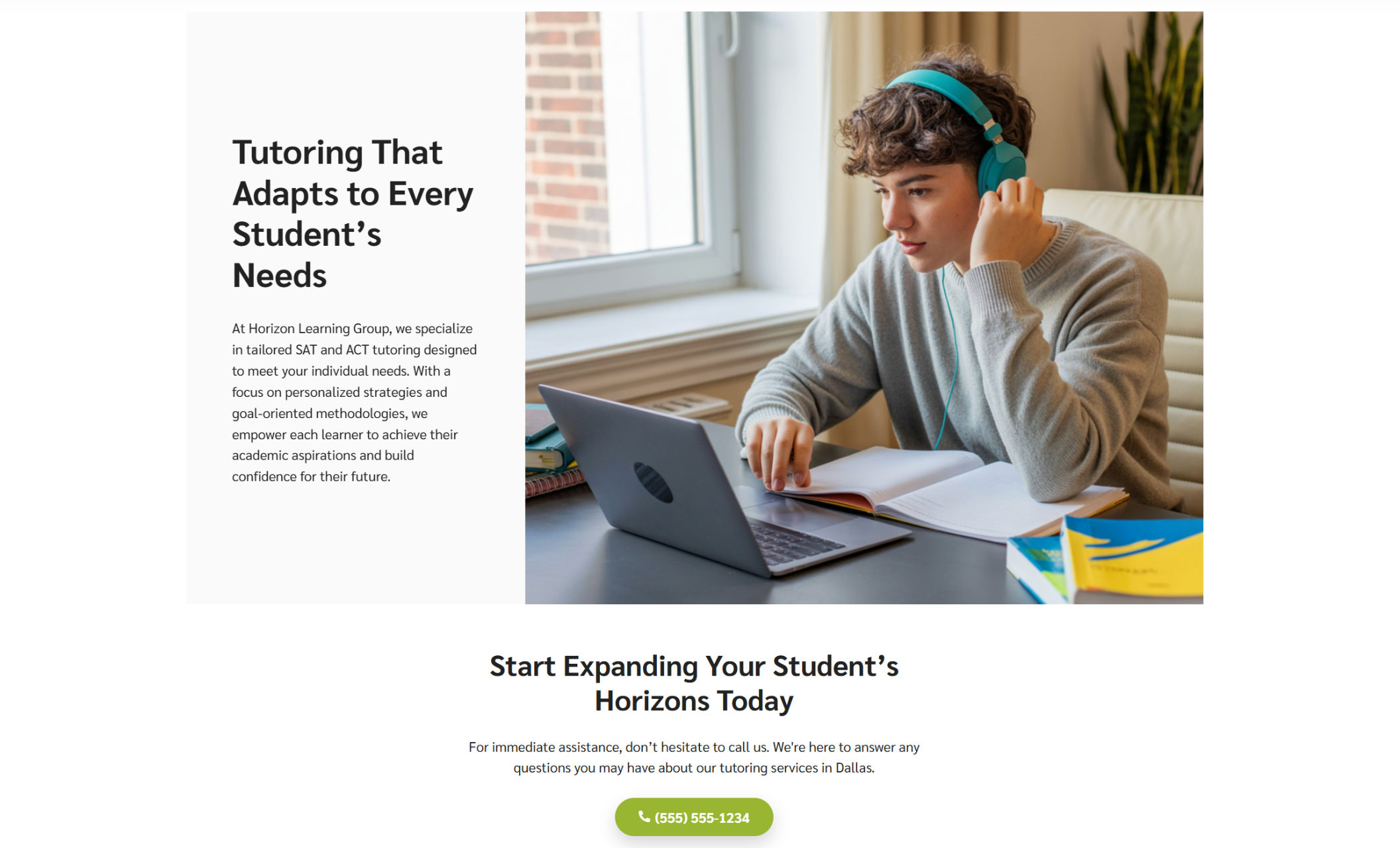 Horizon Learning Group webpage featuring a teen boy in teal headphones studying at a desk with a laptop and open notebook, beside the headline “Tutoring That Adapts to Every Student’s Needs” and a green button that says “(555) 555-1234.”