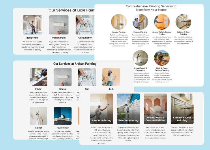 A collage of services section generated by Zarla showing different styles of service items, all having a picture, a title, and a brief description