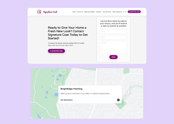 A screenshot of a header with navigation pills with contact number, a blue-colored primary button with contact number, and a 2D depiction of a map with a business address in the center