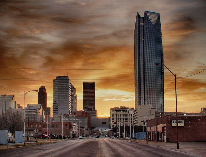 Downtown oklahoma city businesses at dusk.