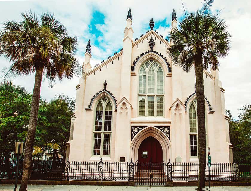 The historical French Protestant Church with two palm trees in Charleston, South Carolina