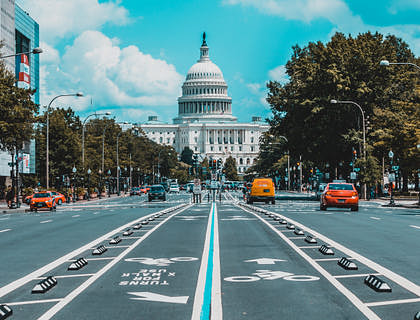 View of the United States Capitol from the street.