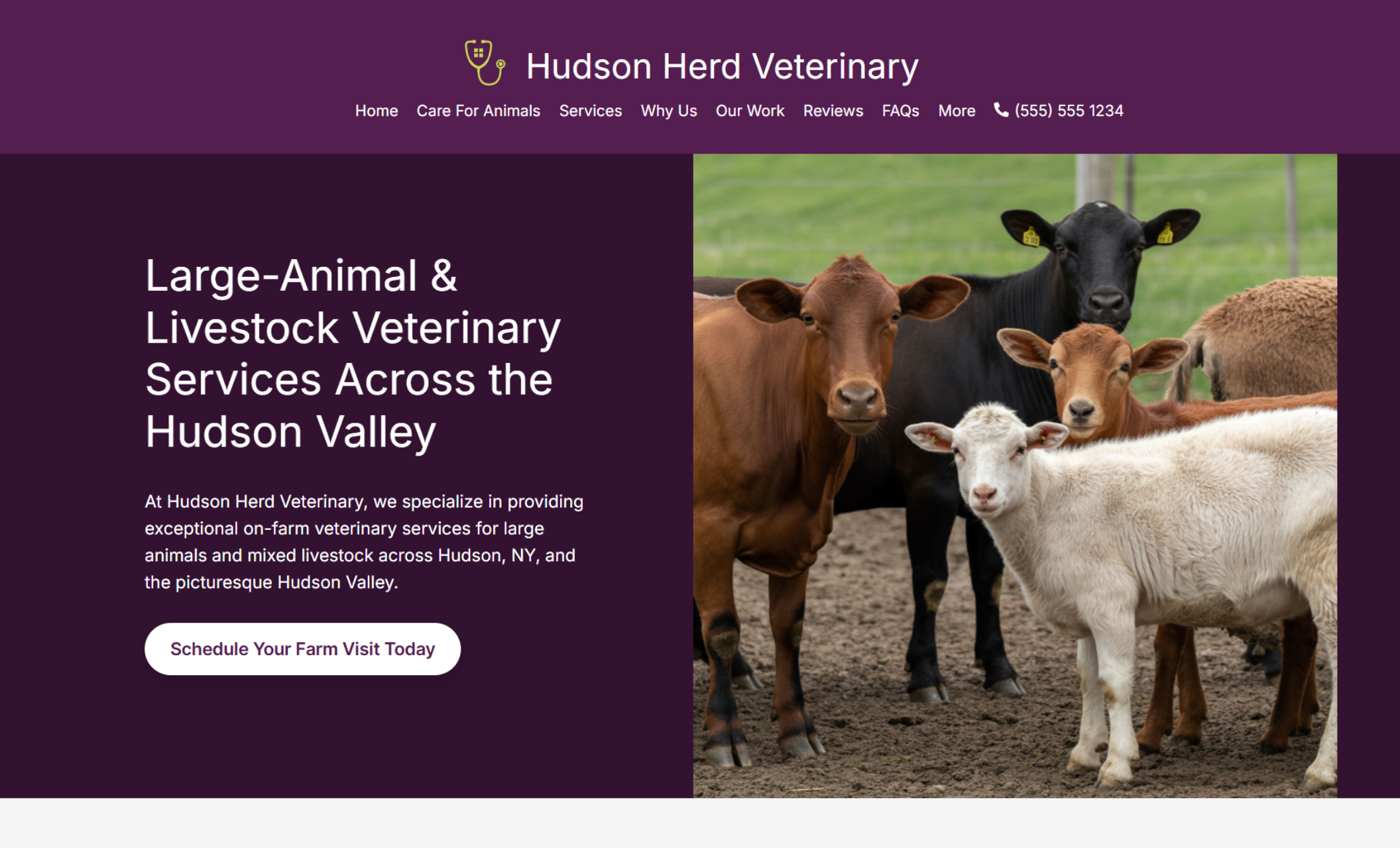 Hudson Herd Veterinary homepage featuring a group of cows and sheep standing in a pasture beside the headline “Large-Animal & Livestock Veterinary Services Across the Hudson Valley” and a “Schedule Your Farm Visit Today” call-to-action button