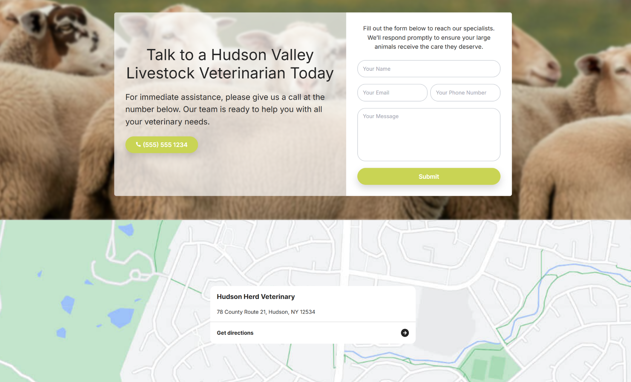 Hudson Herd Veterinary contact section showing sheep in the background with an overlaid form titled “Talk to a Hudson Valley Livestock Veterinarian Today,” including a phone number and fields for contacting the clinic
