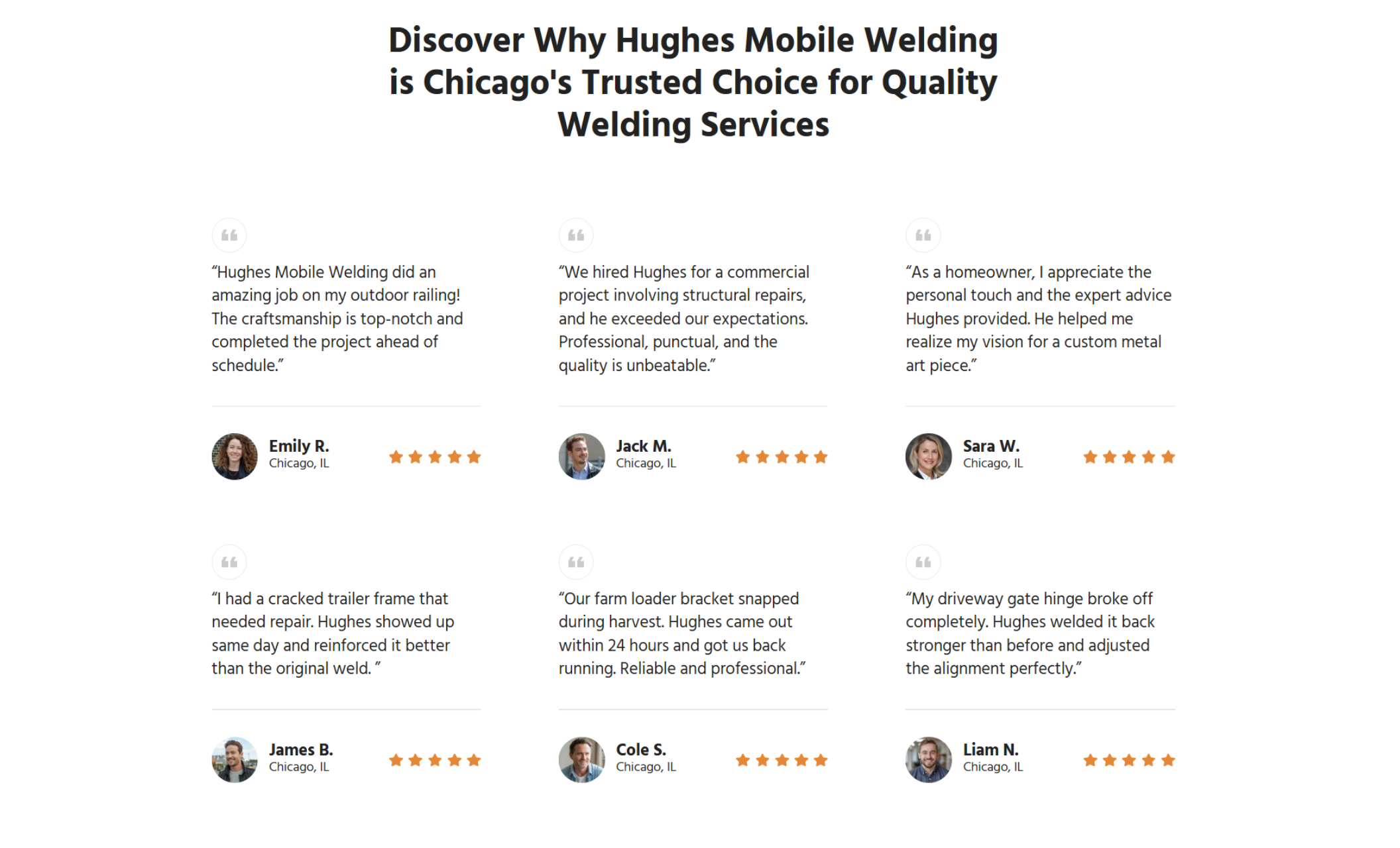 Hughes Mobile Welding testimonials section titled “Discover Why Hughes Mobile Welding is Chicago’s Trusted Choice for Quality Welding Services,” displaying multiple five-star customer reviews