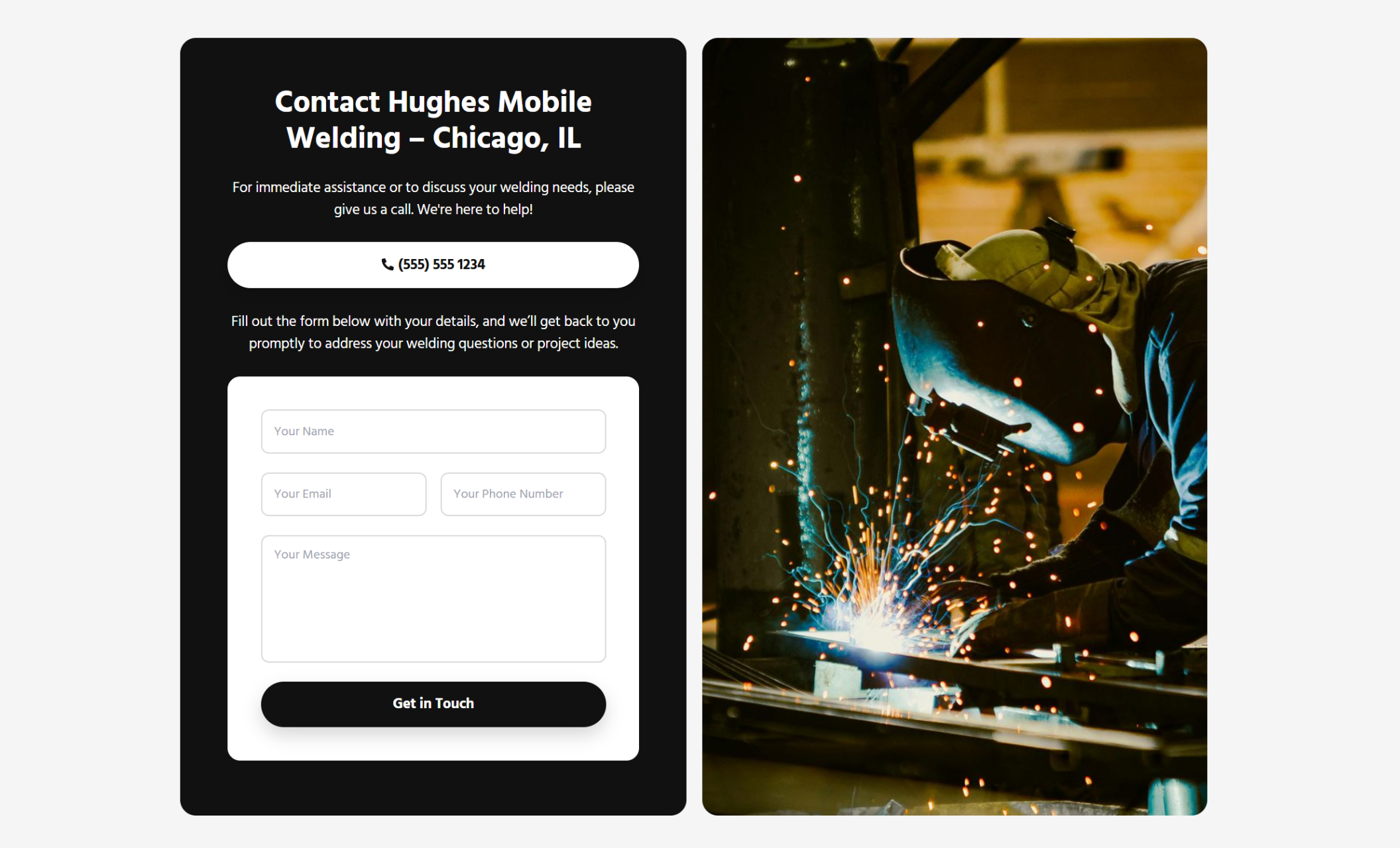 Hughes Mobile Welding contact section with a dark layout featuring a welding image, contact form, phone number button, and the heading “Contact Hughes Mobile Welding – Chicago, IL.”