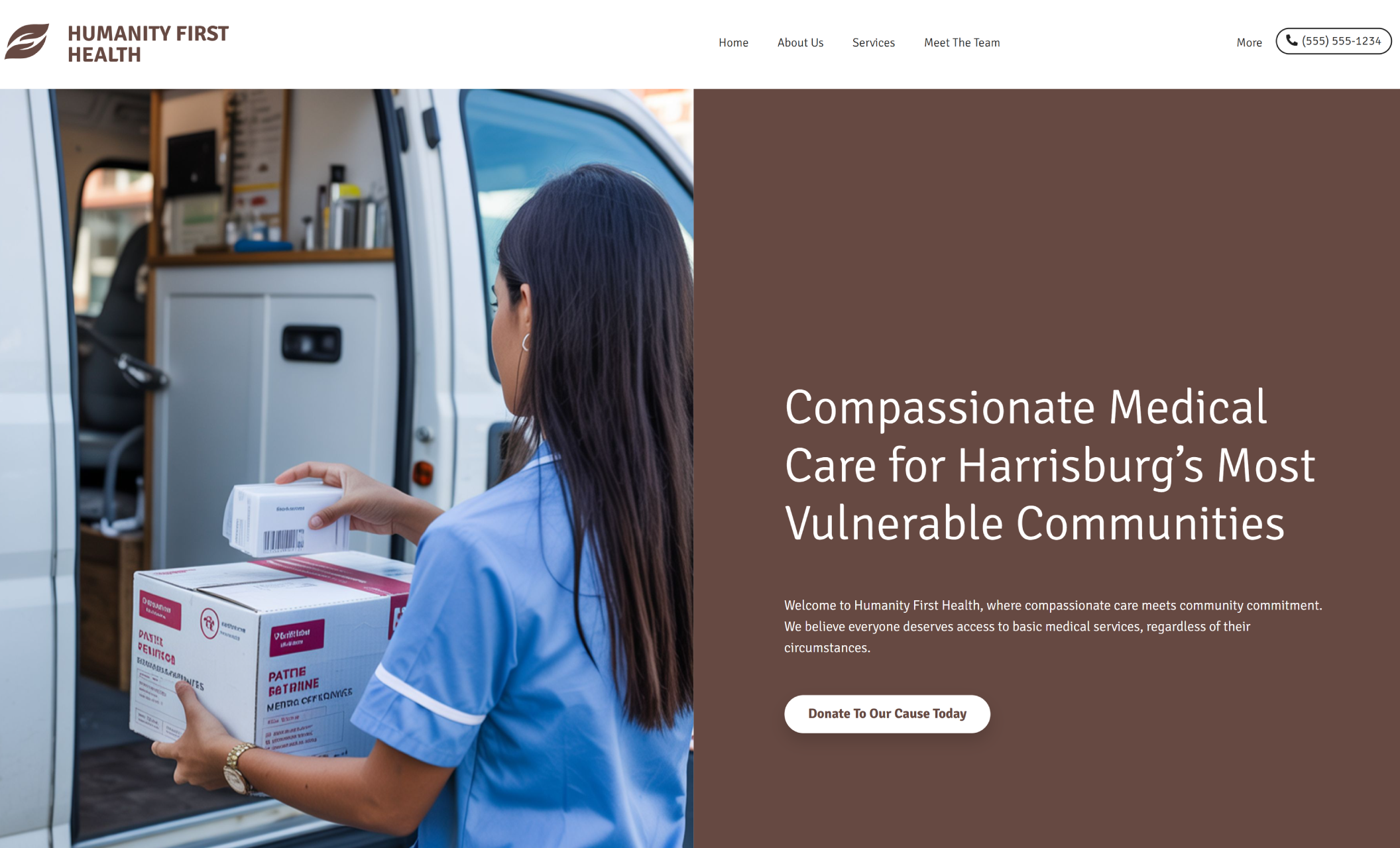 Humanity First Health homepage hero featuring a healthcare worker carrying medical supply boxes into a mobile clinic van beside the headline “Compassionate Medical Care for Harrisburg’s Most Vulnerable Communities” and a button that says “Donate To Our Cause Today.”